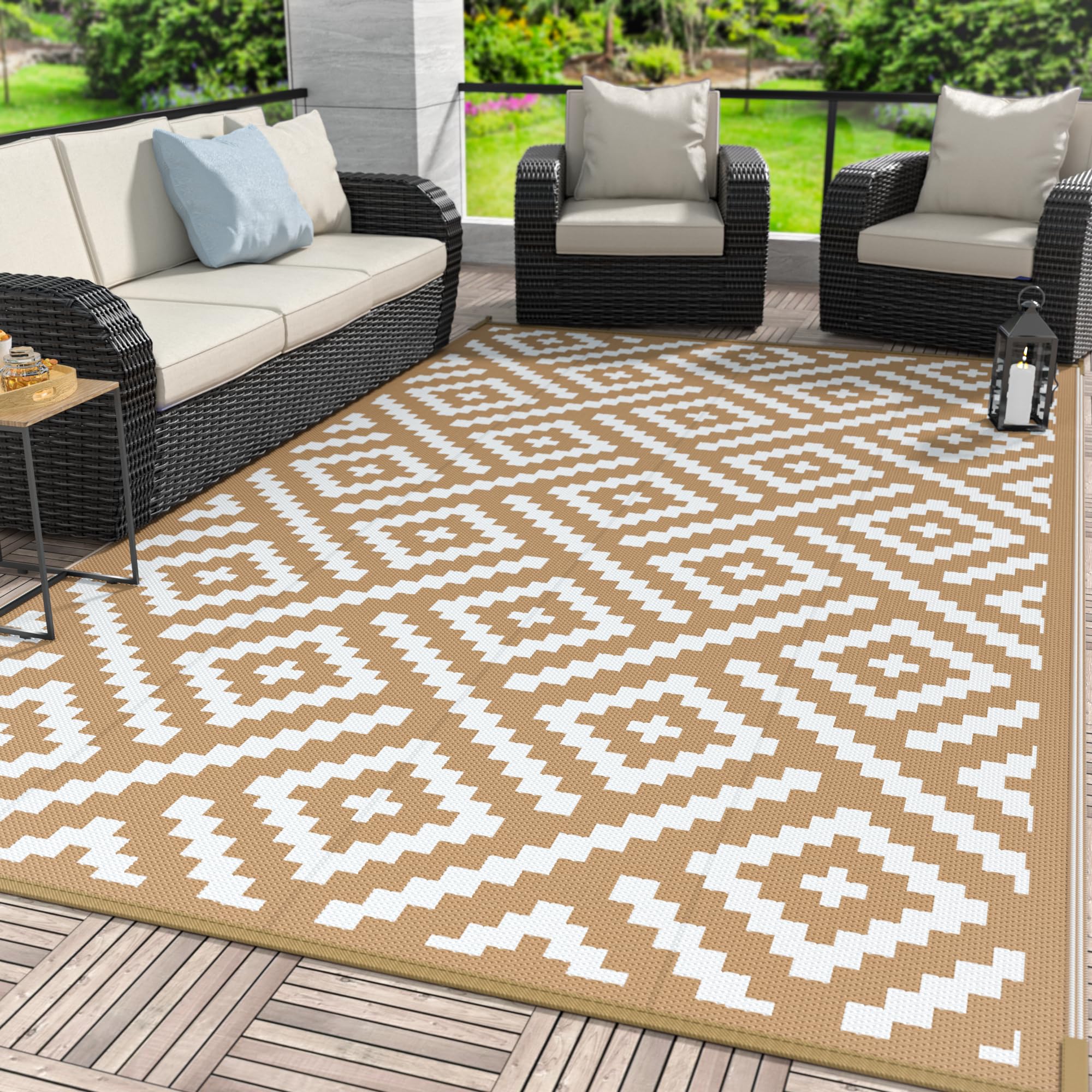 GENIMO 5x8 Outdoor Rug Waterproof, Reversible Mats, Area Rug, Plastic Outside Carpet, Geometric Rv Mat for Patio Camping Rv Picnic Backyard Deck Balcony Porch Beach Trailer (Black & Beige)