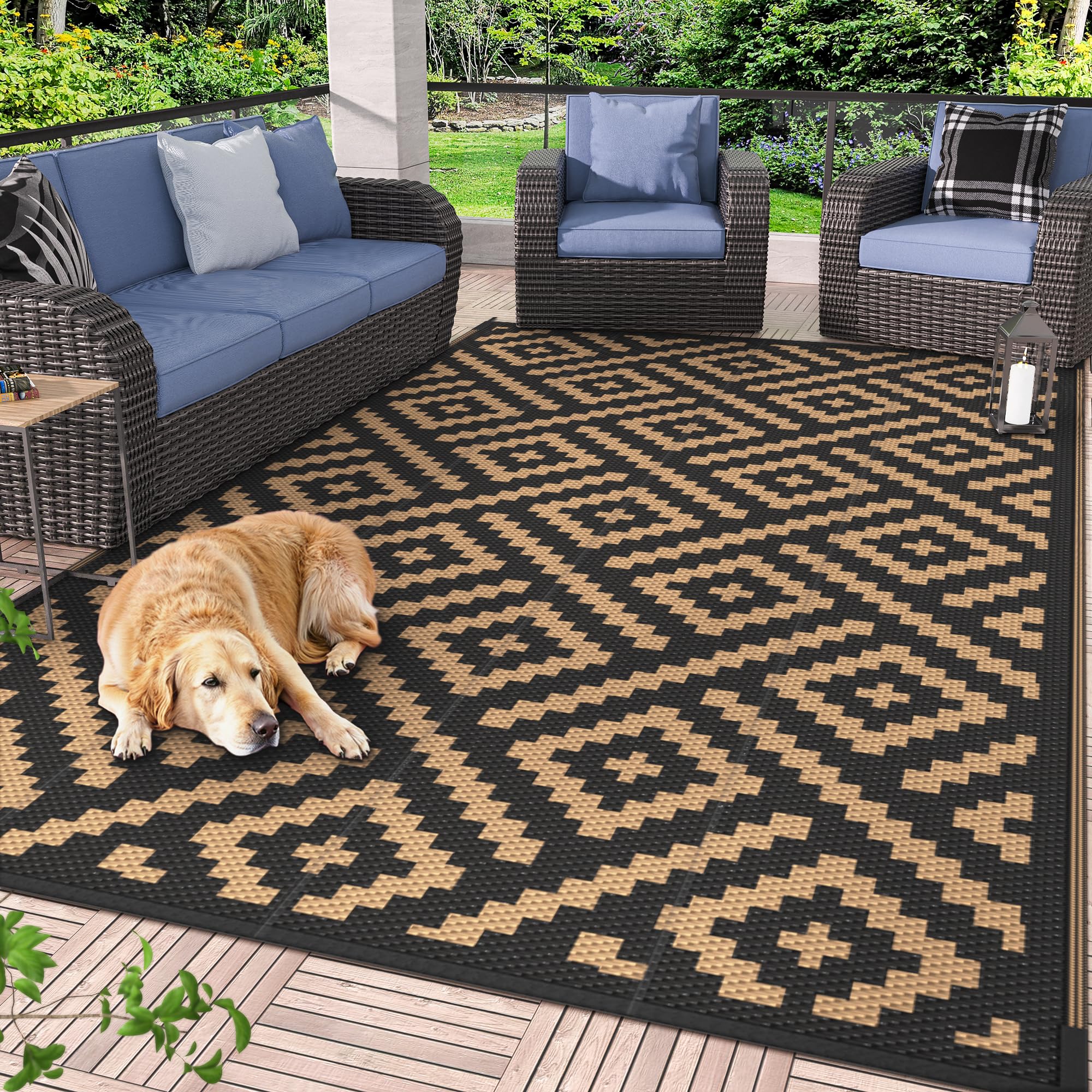 GENIMO 5x8 Outdoor Rug Waterproof, Reversible Mats, Area Rug, Plastic Outside Carpet, Geometric Rv Mat for Patio Camping Rv Picnic Backyard Deck Balcony Porch Beach Trailer (Black & Beige)