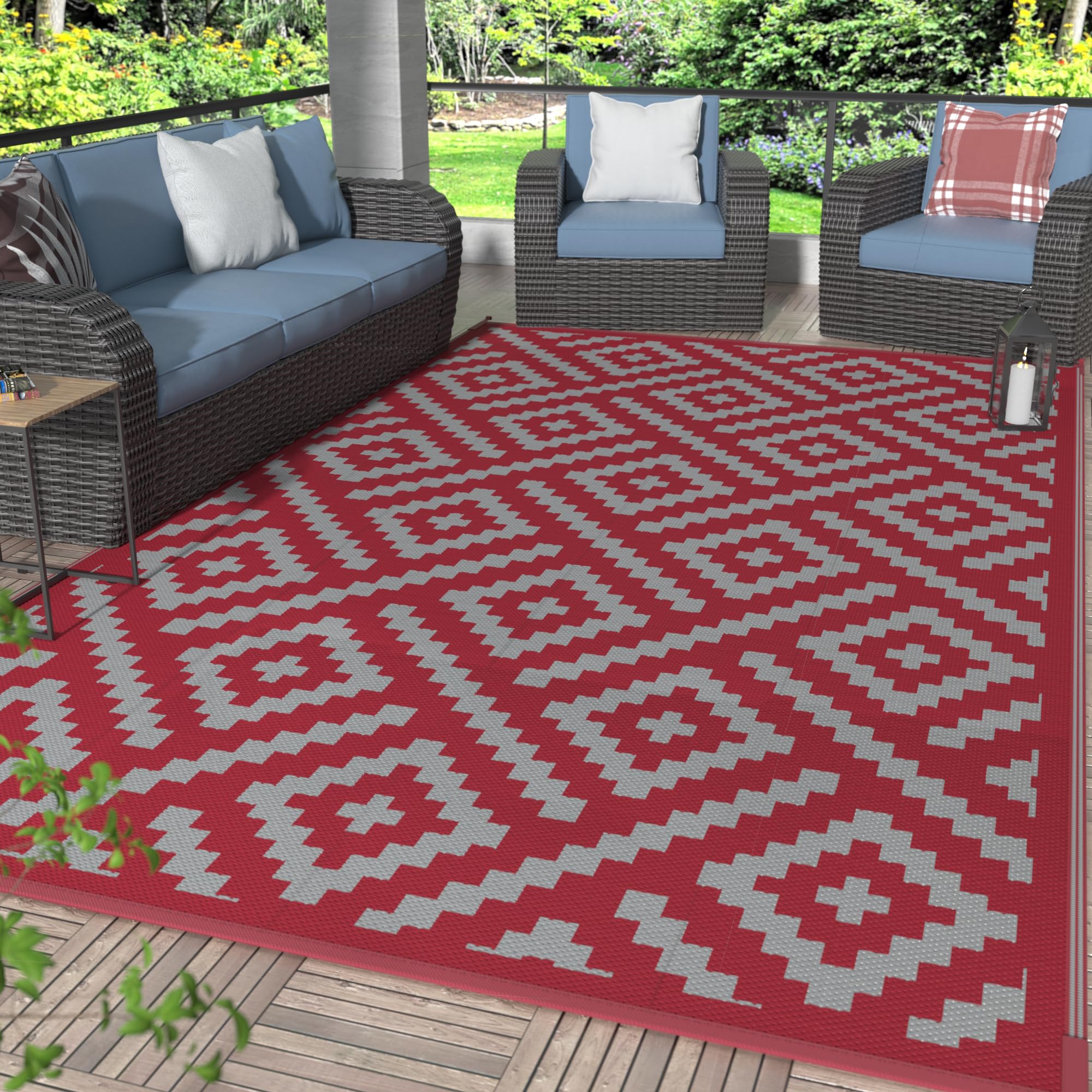 GENIMO 5x8 Outdoor Rug Waterproof, Reversible Mats, Area Rug, Plastic Outside Carpet, Geometric Rv Mat for Patio Camping Rv Picnic Backyard Deck Balcony Porch Beach Trailer (Black & Beige)