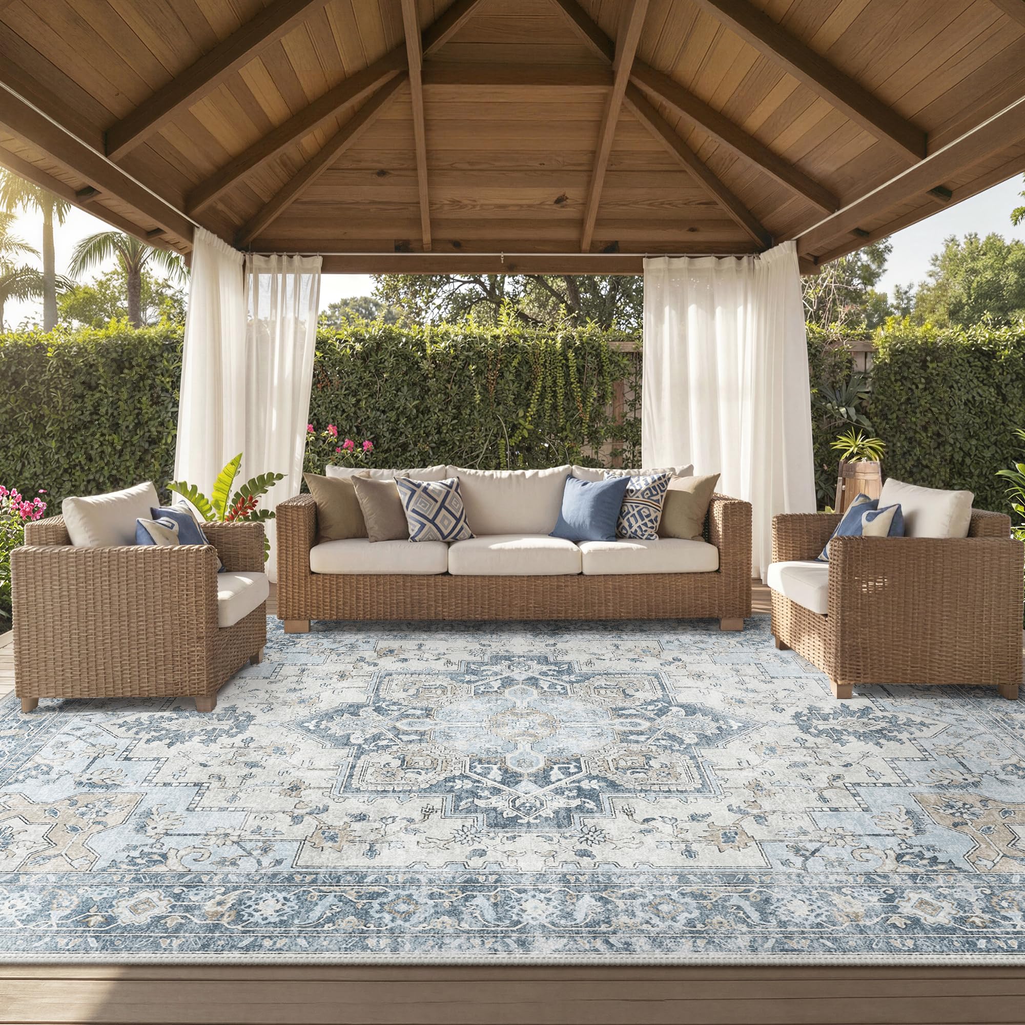 GENIMO Outdoor & Indoor Area Rug 5'x8', Waterproof, Non-Shedding, Easy Cleaning, Boho Mat for Patio, Living Room, Balcony, Dining Room, RV, Deck, Bedroom, Camping, Outside Carpet,Blue