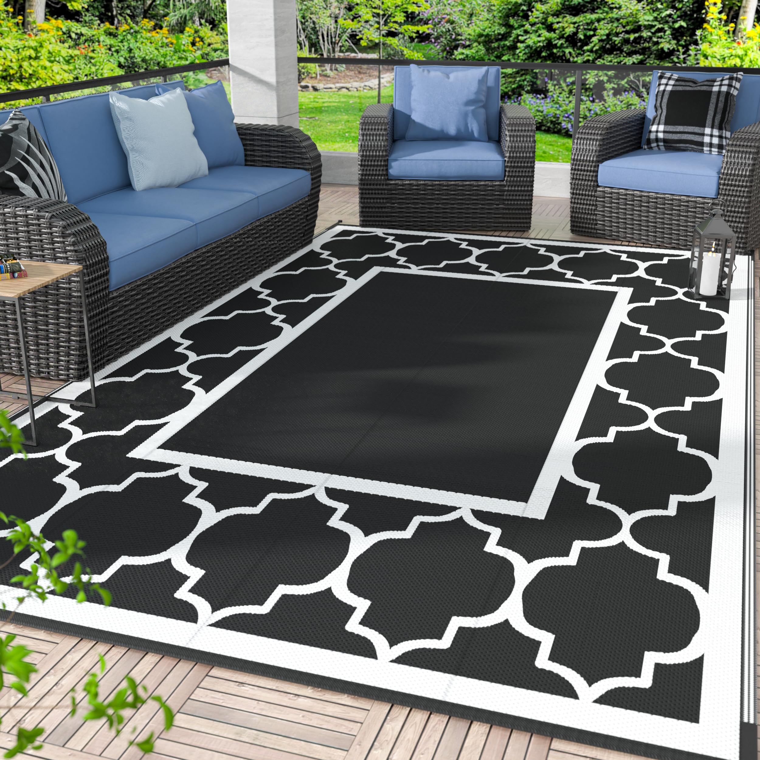 GENIMO 5' x 8' Outdoor Rug Waterproof for Patio Decor, Foldable Reversible Plastic Straw Area Rugs Mat for Camper, Outside Carpet for Rv, Deck, Porch, Picnic, Beach, Balcony, Blue & White