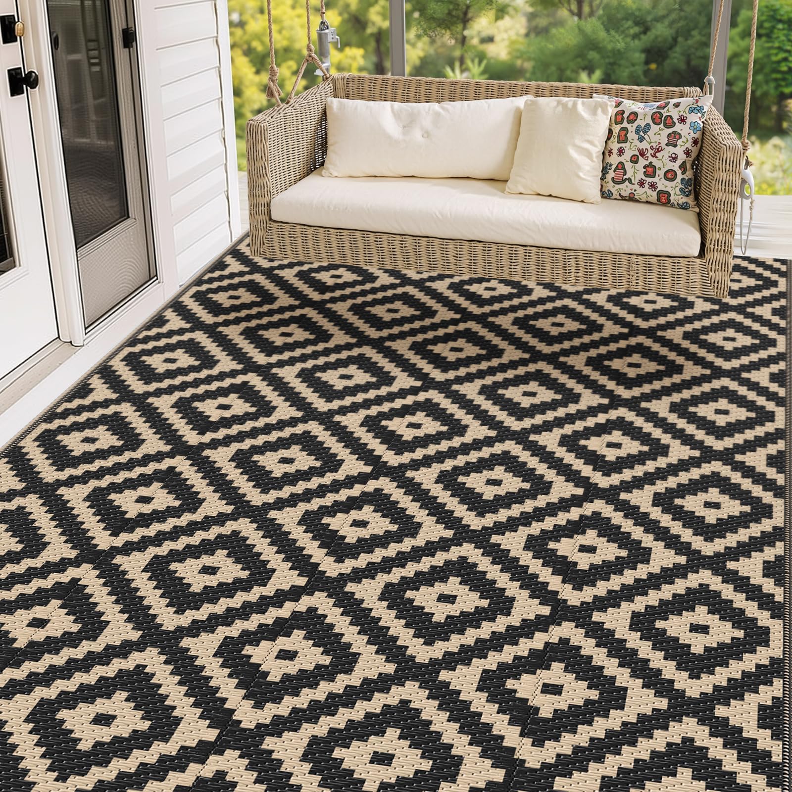 Mattitude Waterproof Outdoor Rug 5x8 Ft Outdoor Plastic Straw Rug Reversible Patio Rug Large Outdoor Carpet Area Rug for Patio Backyard Picnic Beach Camping RV Black & Beige