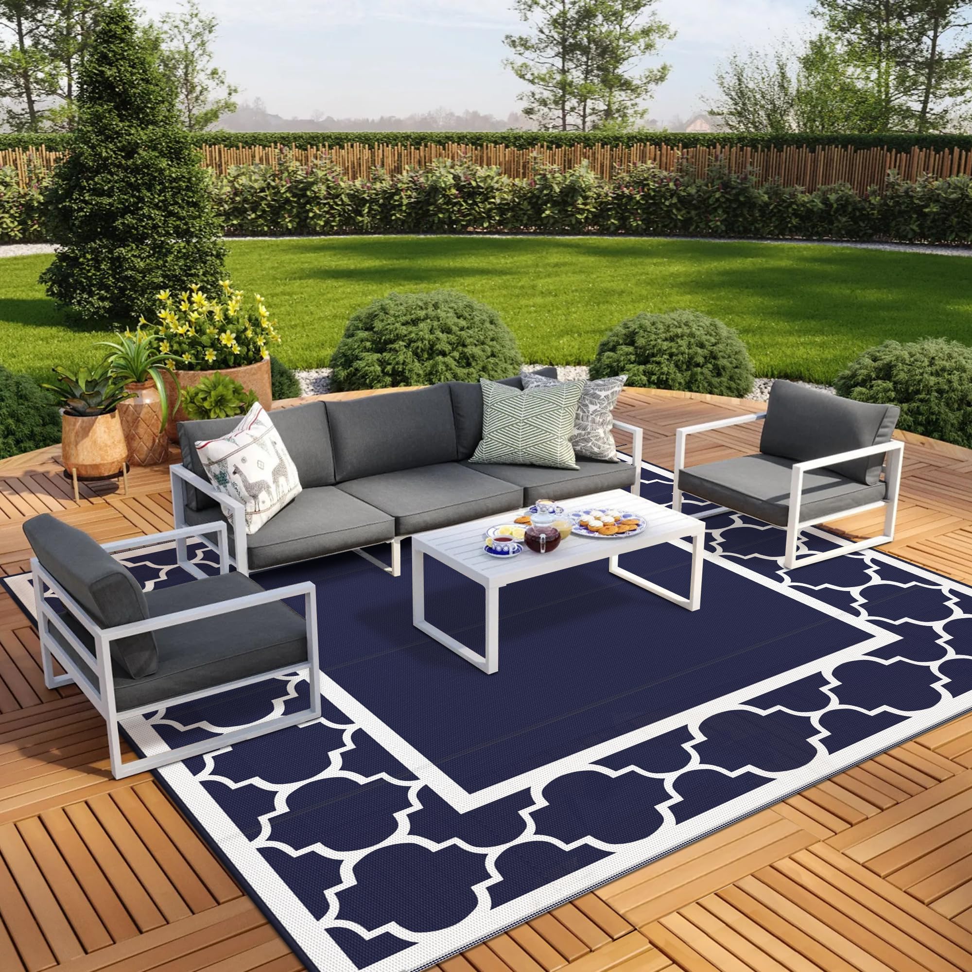 GENIMO 5' x 8' Outdoor Rug Waterproof for Patio Decor, Foldable Reversible Plastic Straw Area Rugs Mat for Camper, Outside Carpet for Rv, Deck, Porch, Picnic, Beach, Balcony, Blue & White