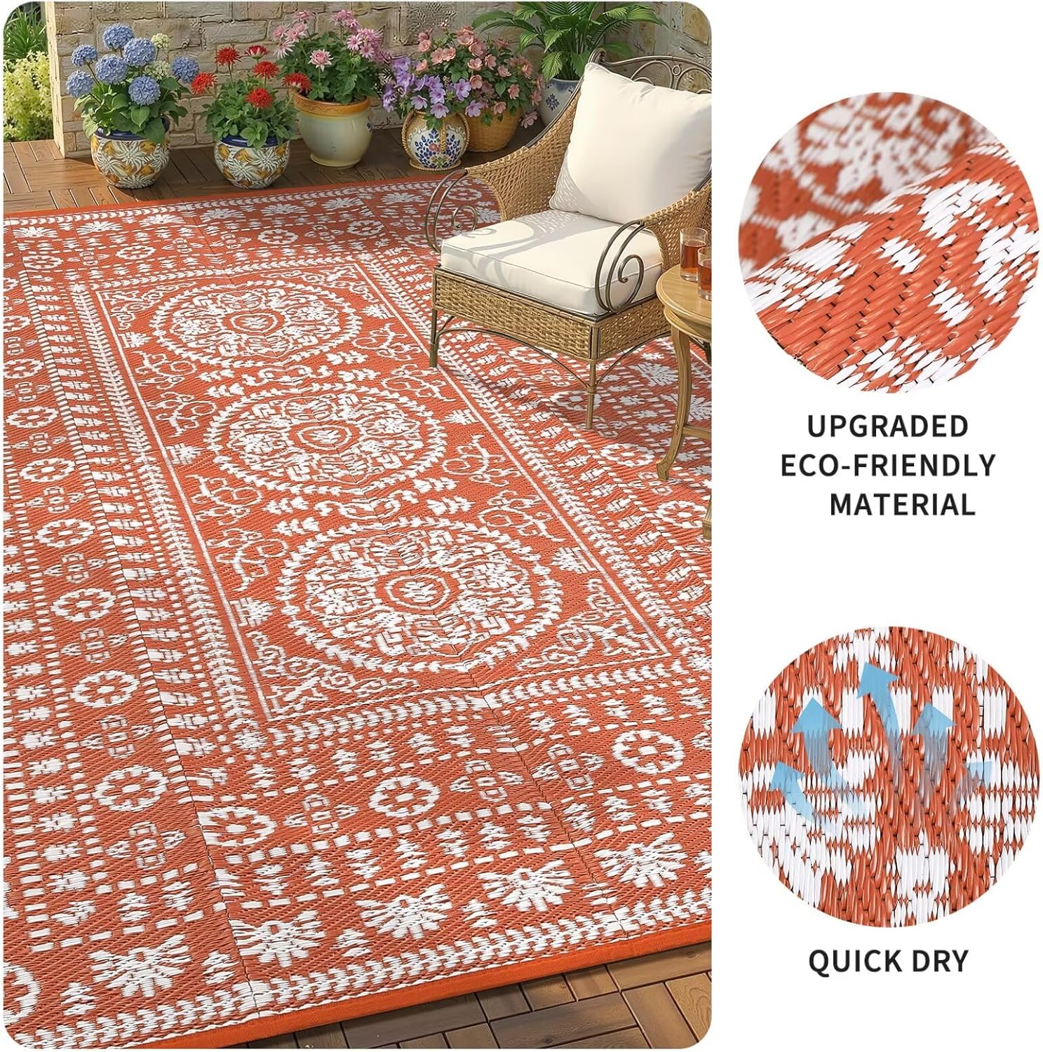 Garvee Reversible Outdoor Rug 8x10 for Patio, Waterproof Outdoor Area Rug, Modern Medallion Indoor Outdoor Rugs, Plastic Straw Rug for RV, Camping, Deck, Vintage Terracotta