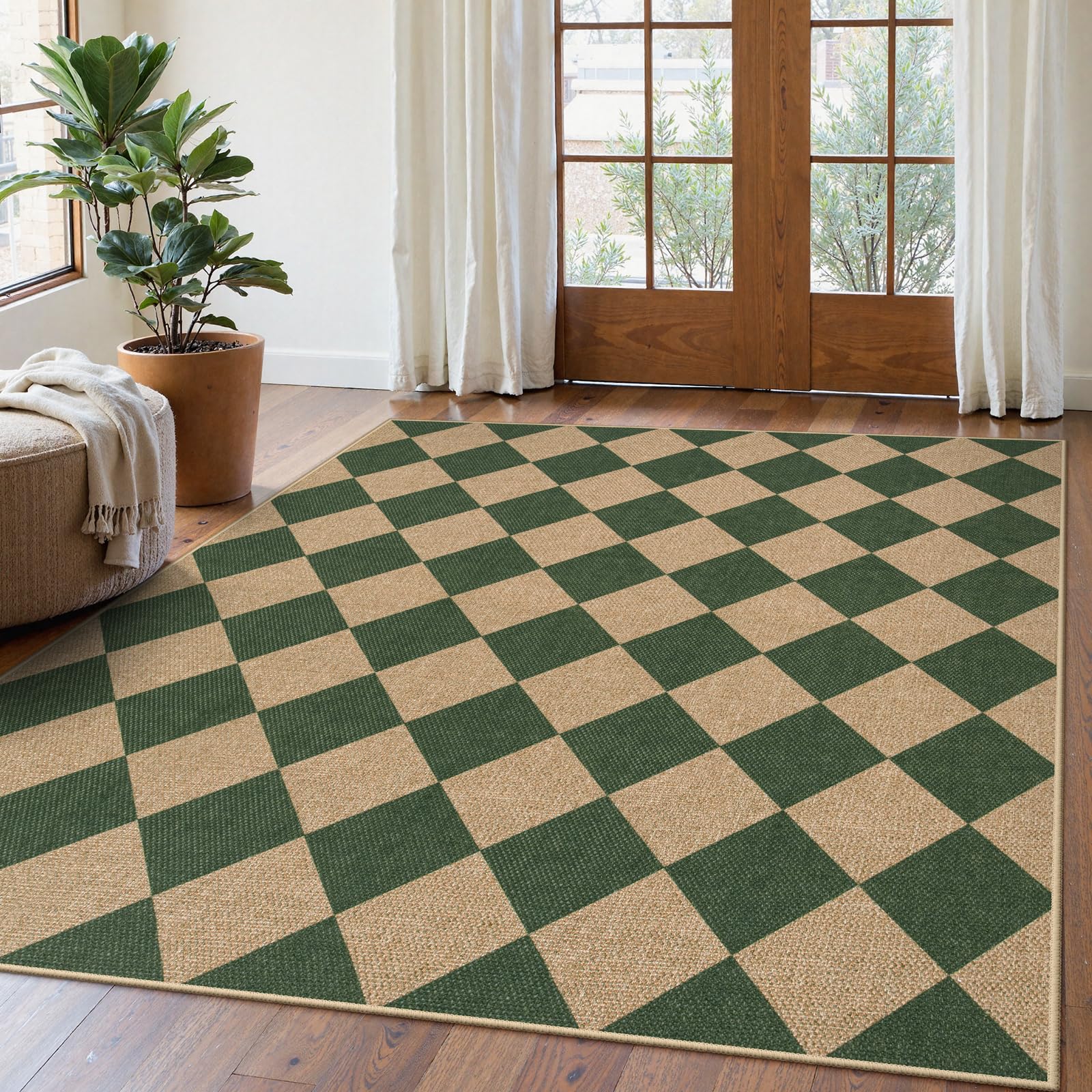 Lahome Colette Checkered Easy Jute 3x5 Outdoor Patio Rug, Washable Rugs for Entryway Diamond Indoor Outdoor Living Room Carpet, Farmhouse Neutral Non Slip Black Door Carpet for Backyard Bedroom