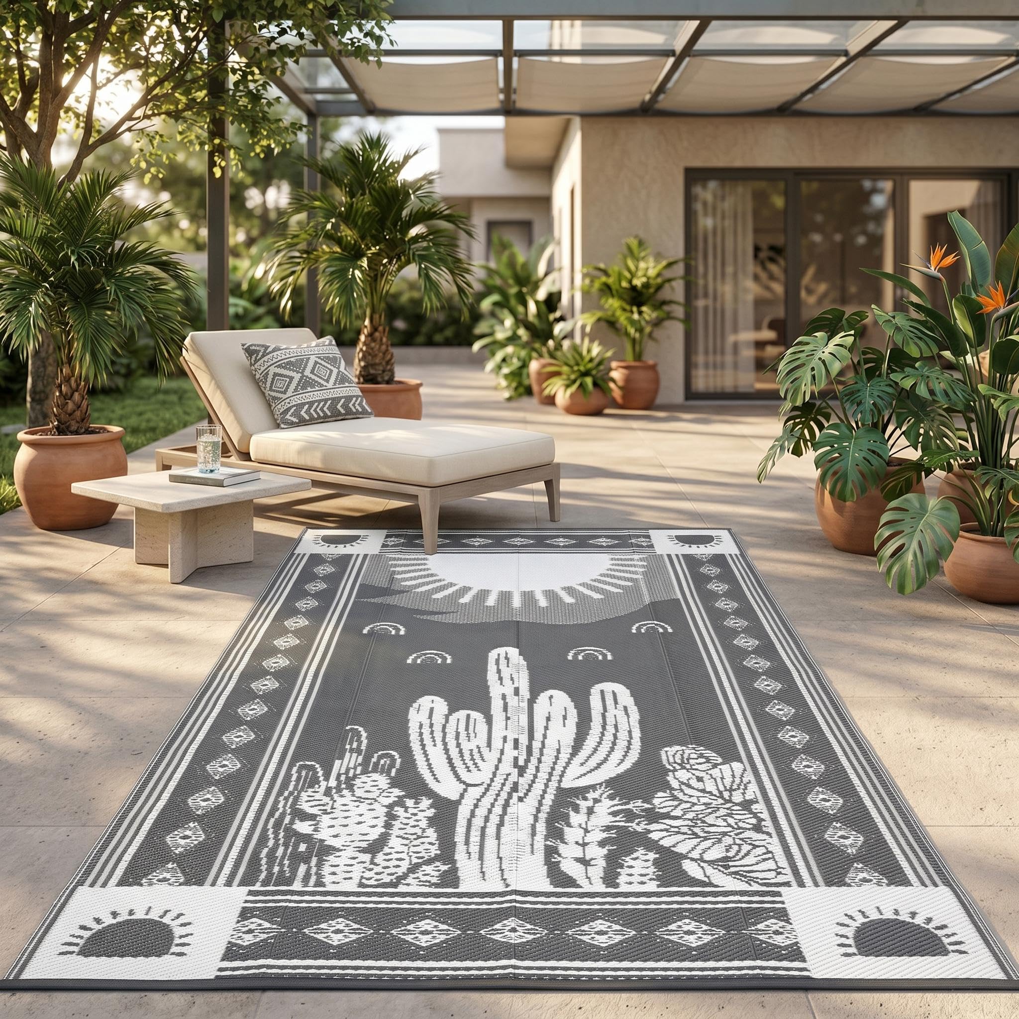 Garvee Reversible Outdoor Rug 8x10 for Patio, Waterproof Outdoor Area Rug, Modern Medallion Indoor Outdoor Rugs, Plastic Straw Rug for RV, Camping, Deck, Vintage Terracotta