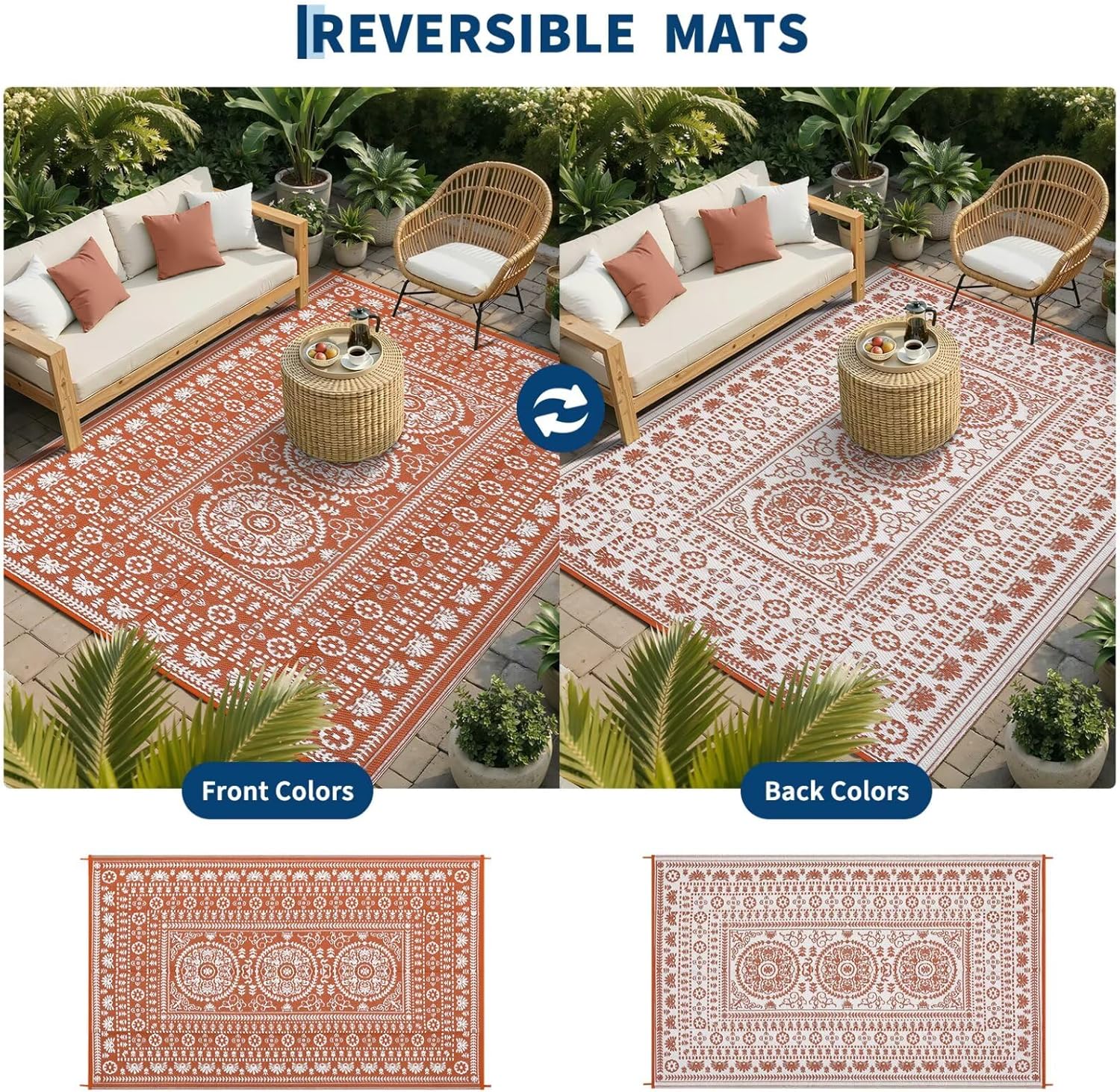 Garvee Reversible Outdoor Rug 8x10 for Patio, Waterproof Outdoor Area Rug, Modern Medallion Indoor Outdoor Rugs, Plastic Straw Rug for RV, Camping, Deck, Vintage Terracotta