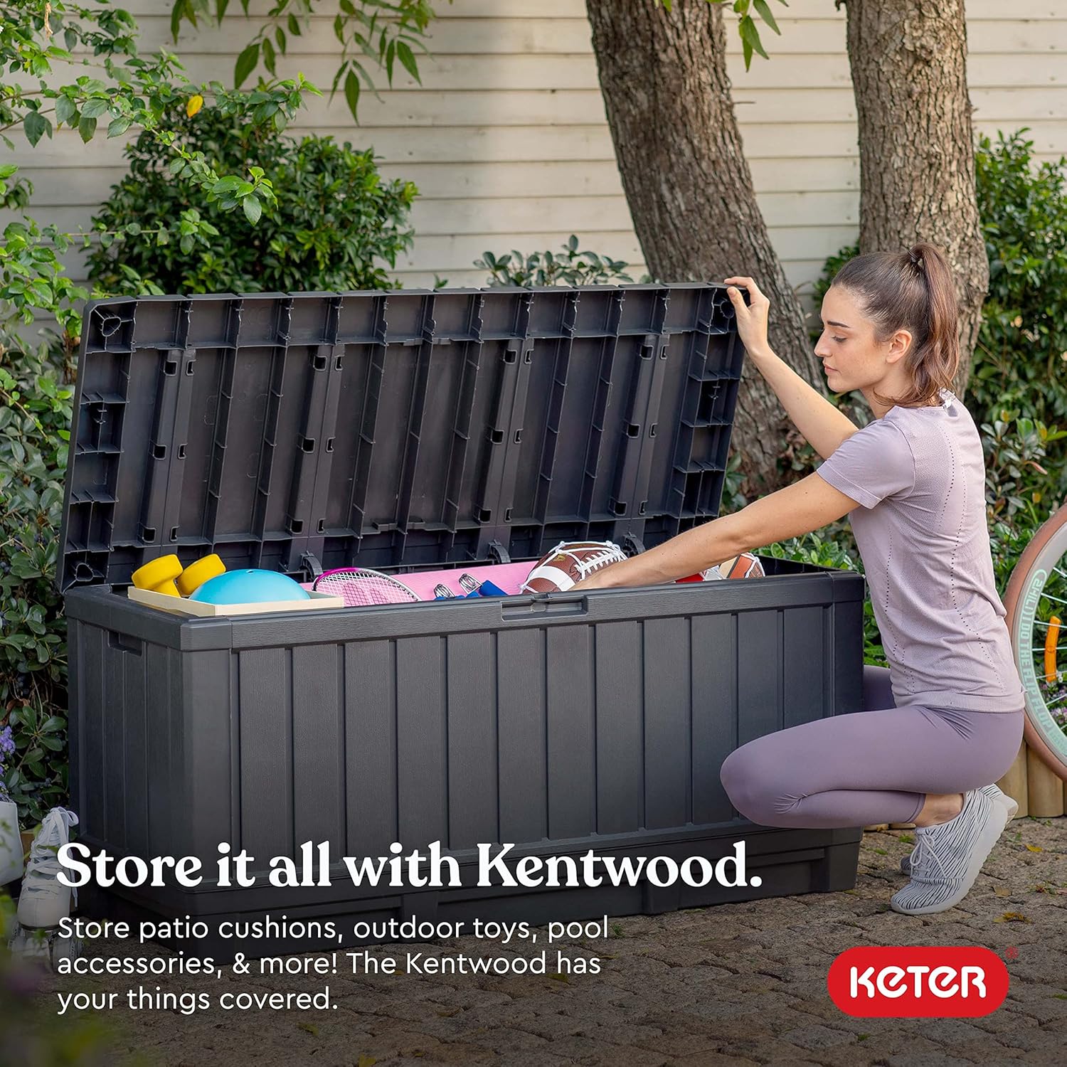 Keter Kentwood 92 Gallon Resin Deck Box-Organization and Storage for Patio Furniture Outdoor Cushions, Throw Pillows, Garden Tools and Pool Floats, Dark Grey