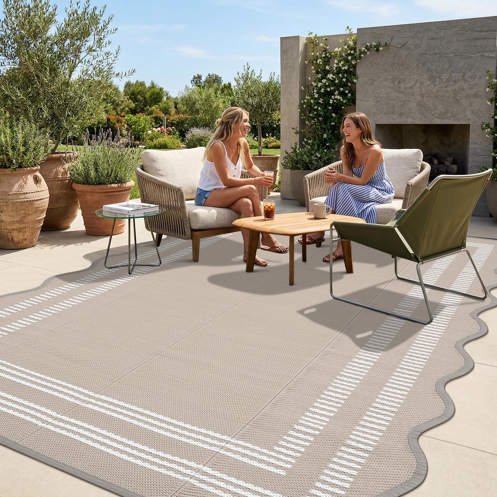 Garvee Waterproof Outdoor Rug 8x10, Scalloped Geometric Foldable Plastic Straw Patio Camping Rug, Outdoor RV Carpet for Deck Camper Porch Balcony Backyard Picnic Beach Black and White