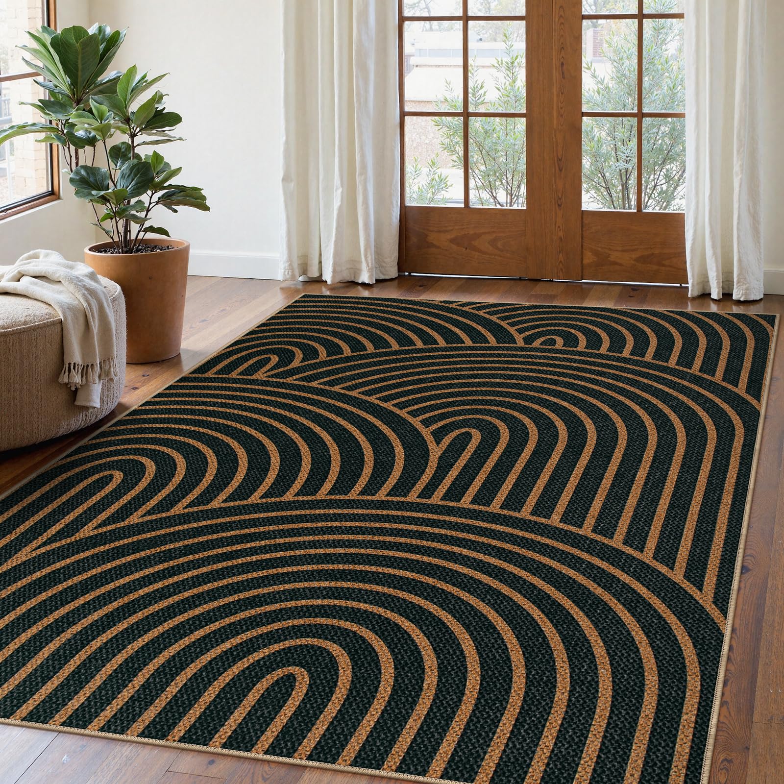 Lahome Enfys Modern Rainbow Easy Jute Outdoor Patio Rug, 3x5 Black Washable Rugs for Entryway Office Farmhouse Classroom Carpet, Contemporary Non Slip Front Door Mat for Porch Guestroom Room Decor