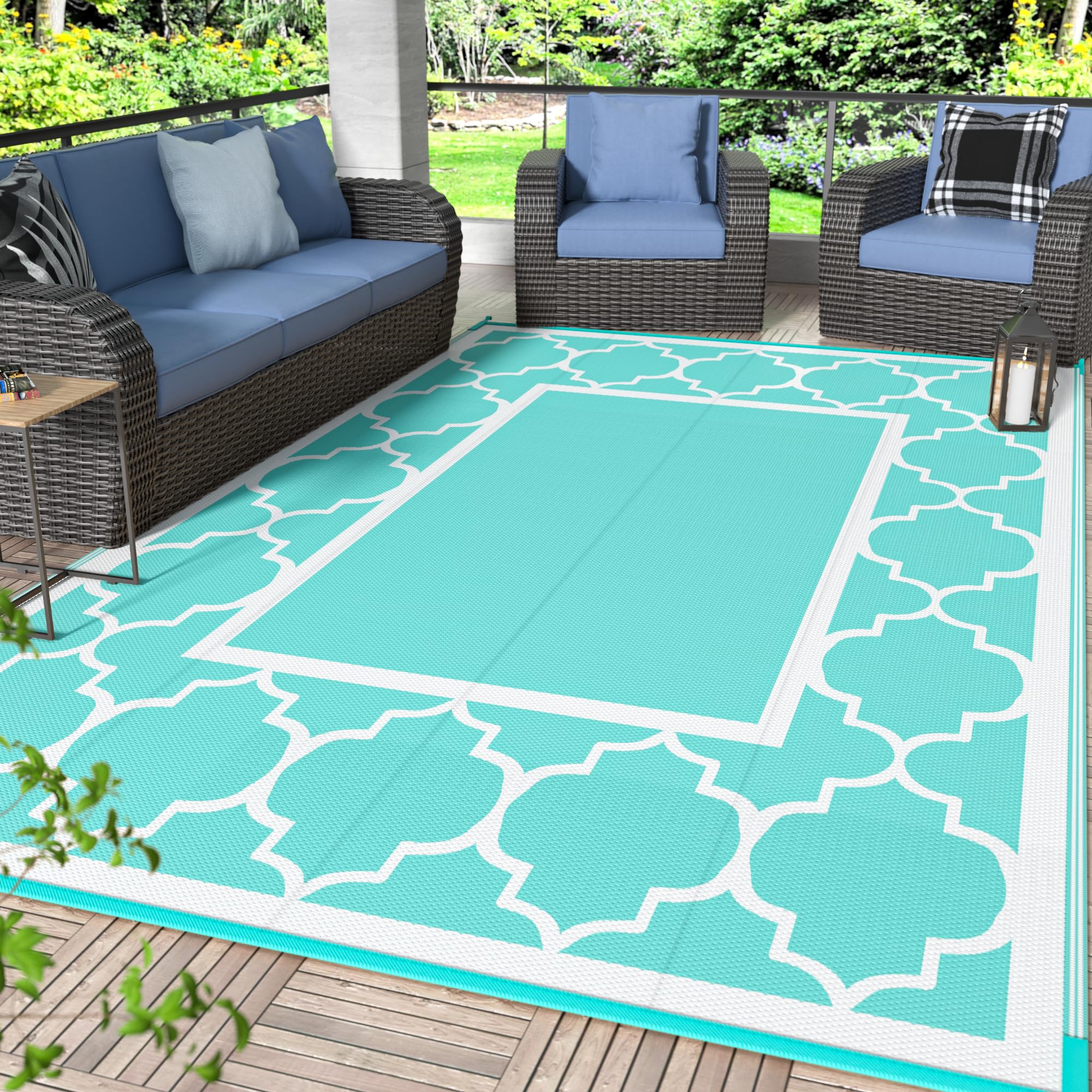 GENIMO 5' x 8' Outdoor Rug Waterproof for Patio Decor, Foldable Reversible Plastic Straw Area Rugs Mat for Camper, Outside Carpet for Rv, Deck, Porch, Picnic, Beach, Balcony, Blue & White