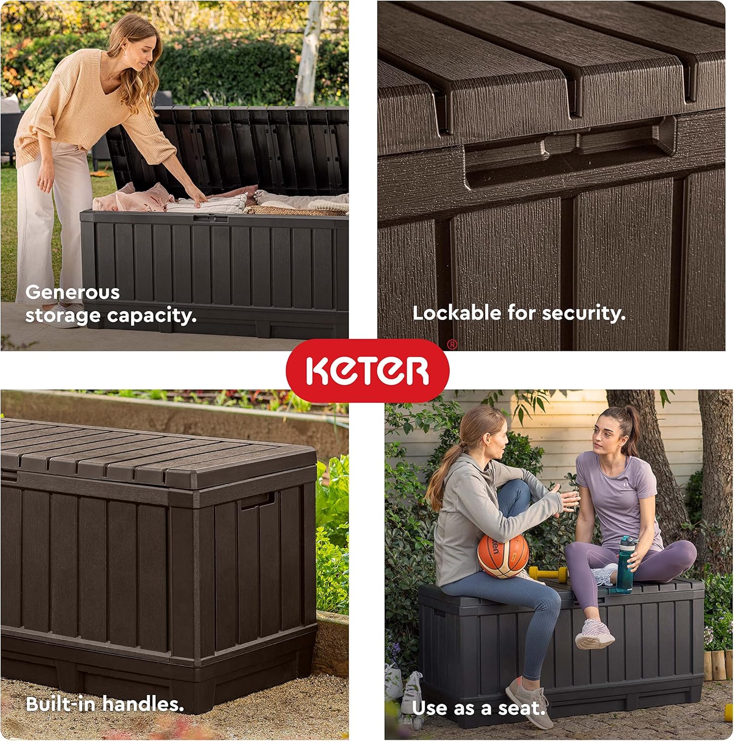 Keter Kentwood 92 Gallon Resin Deck Box-Organization and Storage for Patio Furniture Outdoor Cushions, Throw Pillows, Garden Tools and Pool Floats, Dark Grey