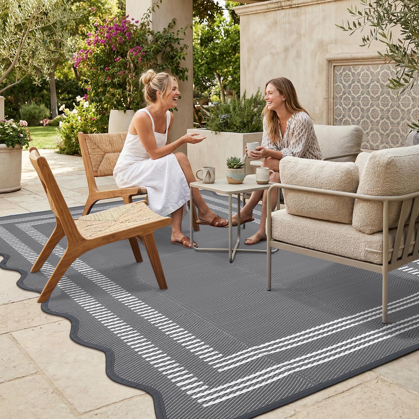 Garvee Waterproof Outdoor Rug 8x10, Scalloped Geometric Foldable Plastic Straw Patio Camping Rug, Outdoor RV Carpet for Deck Camper Porch Balcony Backyard Picnic Beach Black and White