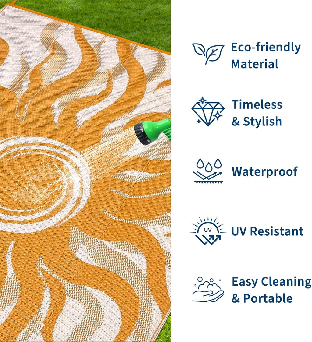 Garvee Outdoor Rug 5x8 Waterproof Patio Rugs with Boho Sun Pattern, Reversible Plastic Straw Camping Rugs Outdoor Indoor RV Mat Carpet for Deck, Backyard, Picnic, Porch, Balcony, Beach, Orange