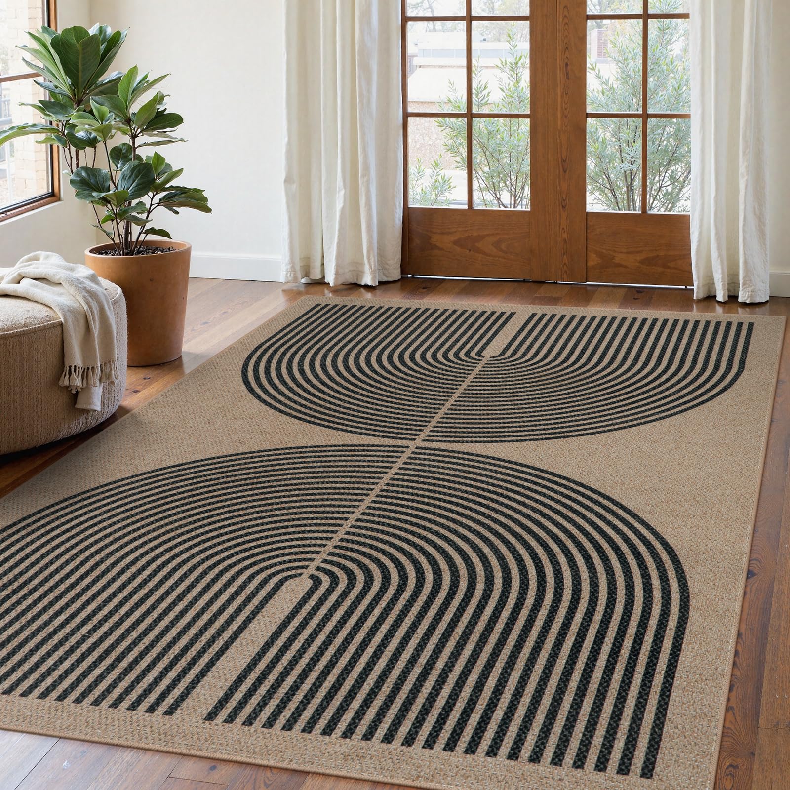 Lahome Enfys Modern Rainbow Easy Jute Outdoor Patio Rug, 3x5 Black Washable Rugs for Entryway Office Farmhouse Classroom Carpet, Contemporary Non Slip Front Door Mat for Porch Guestroom Room Decor