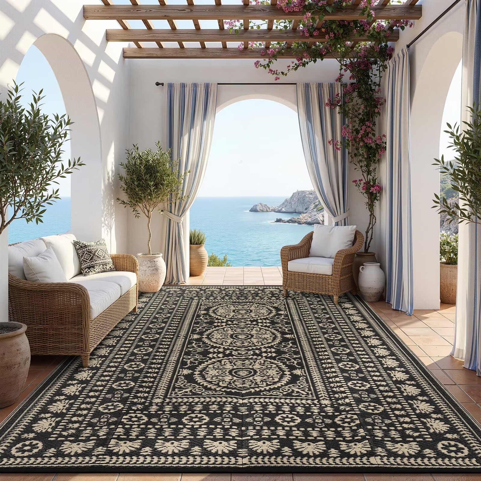 Garvee Reversible Outdoor Rug 8x10 for Patio, Waterproof Outdoor Area Rug, Modern Medallion Indoor Outdoor Rugs, Plastic Straw Rug for RV, Camping, Deck, Vintage Terracotta