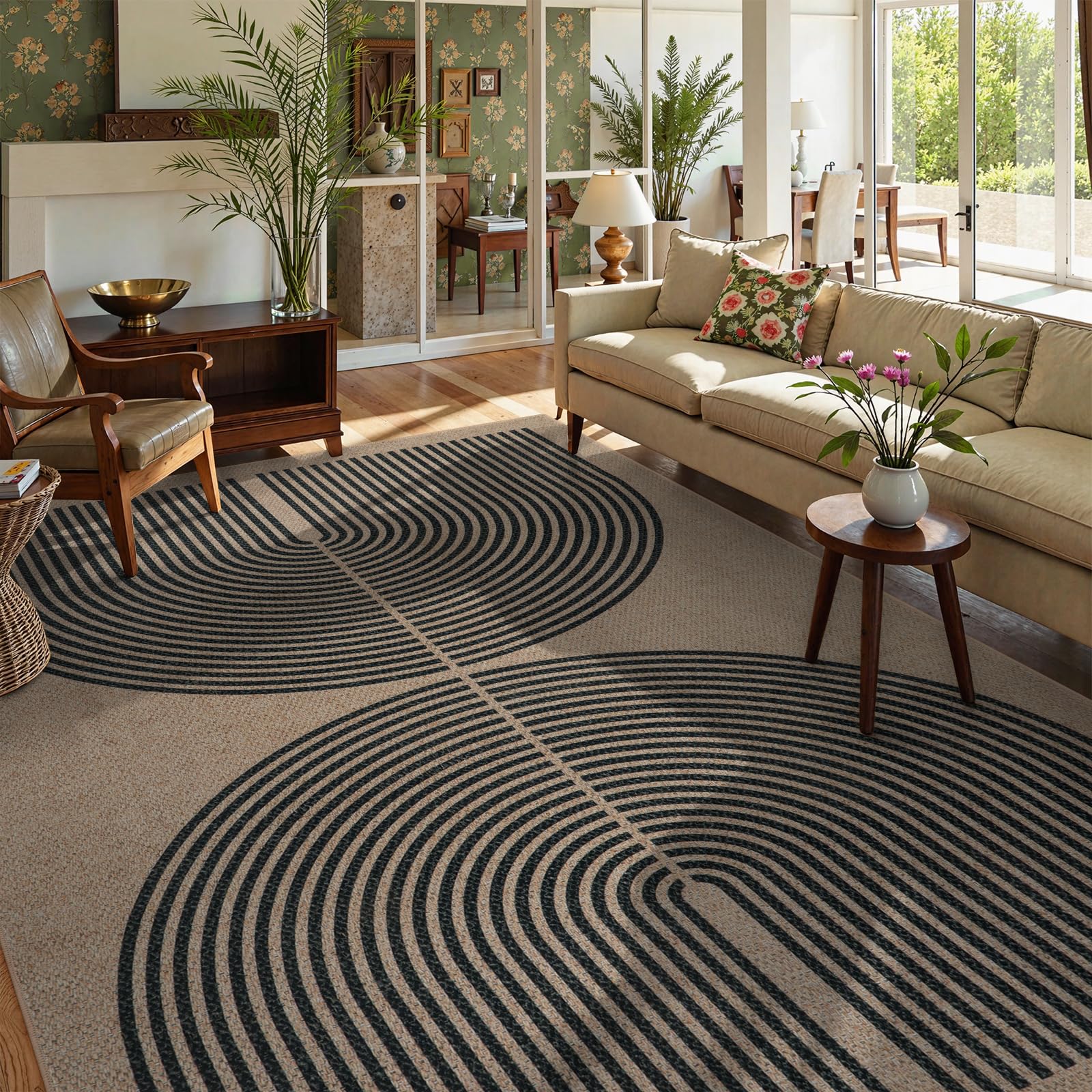 Lahome Enfys Modern Rainbow Easy Jute Outdoor Patio Rug, 3x5 Black Washable Rugs for Entryway Office Farmhouse Classroom Carpet, Contemporary Non Slip Front Door Mat for Porch Guestroom Room Decor