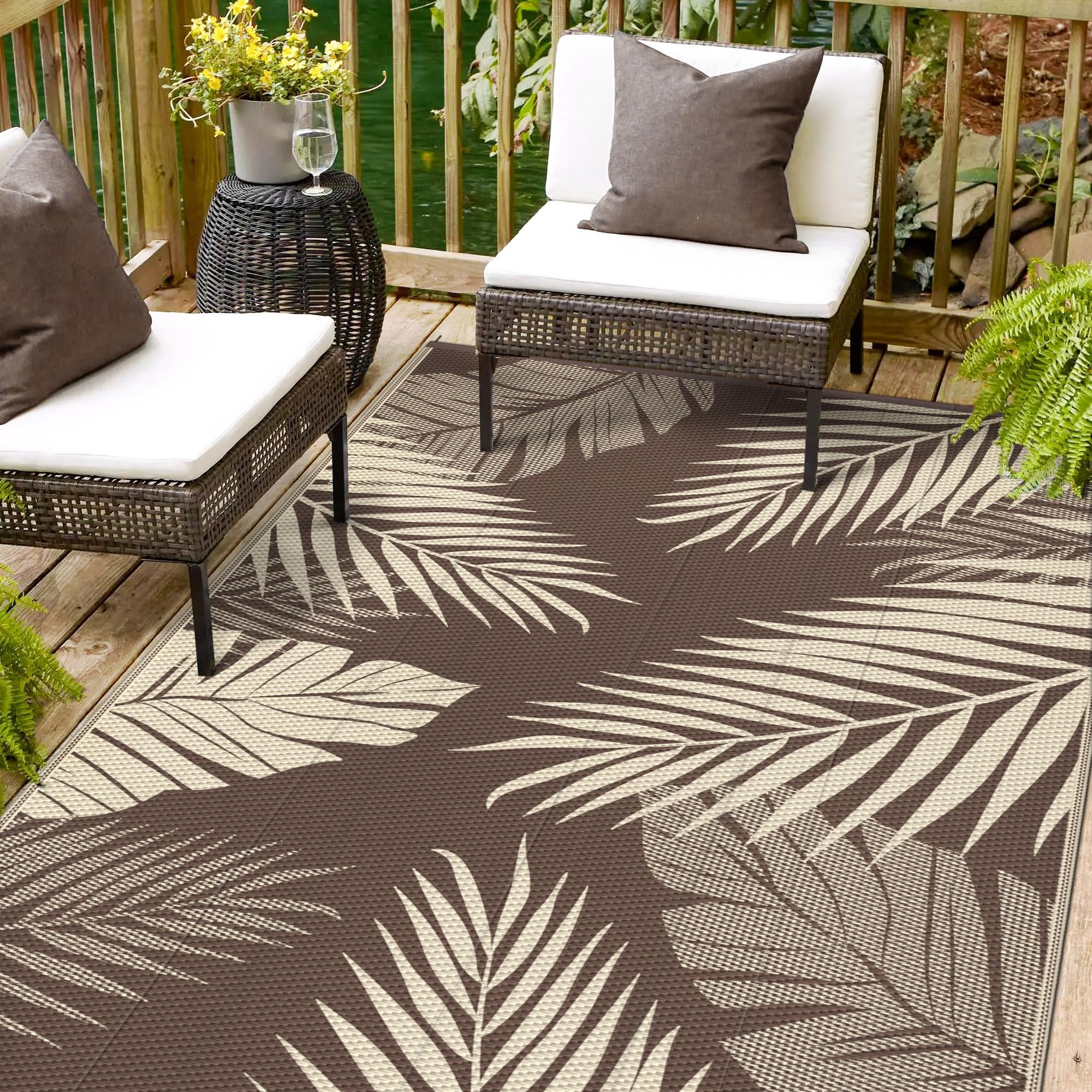 sarben Outdoor Rug 4’x6’ Waterproof for Patio Clearance, Reversible Indoor Outdoor Plastic Straw Camping Rug Carpet, RV Mat, Large Area Rug for Deck, Backyard, Balcony, Porch, Beach, Black & Brown