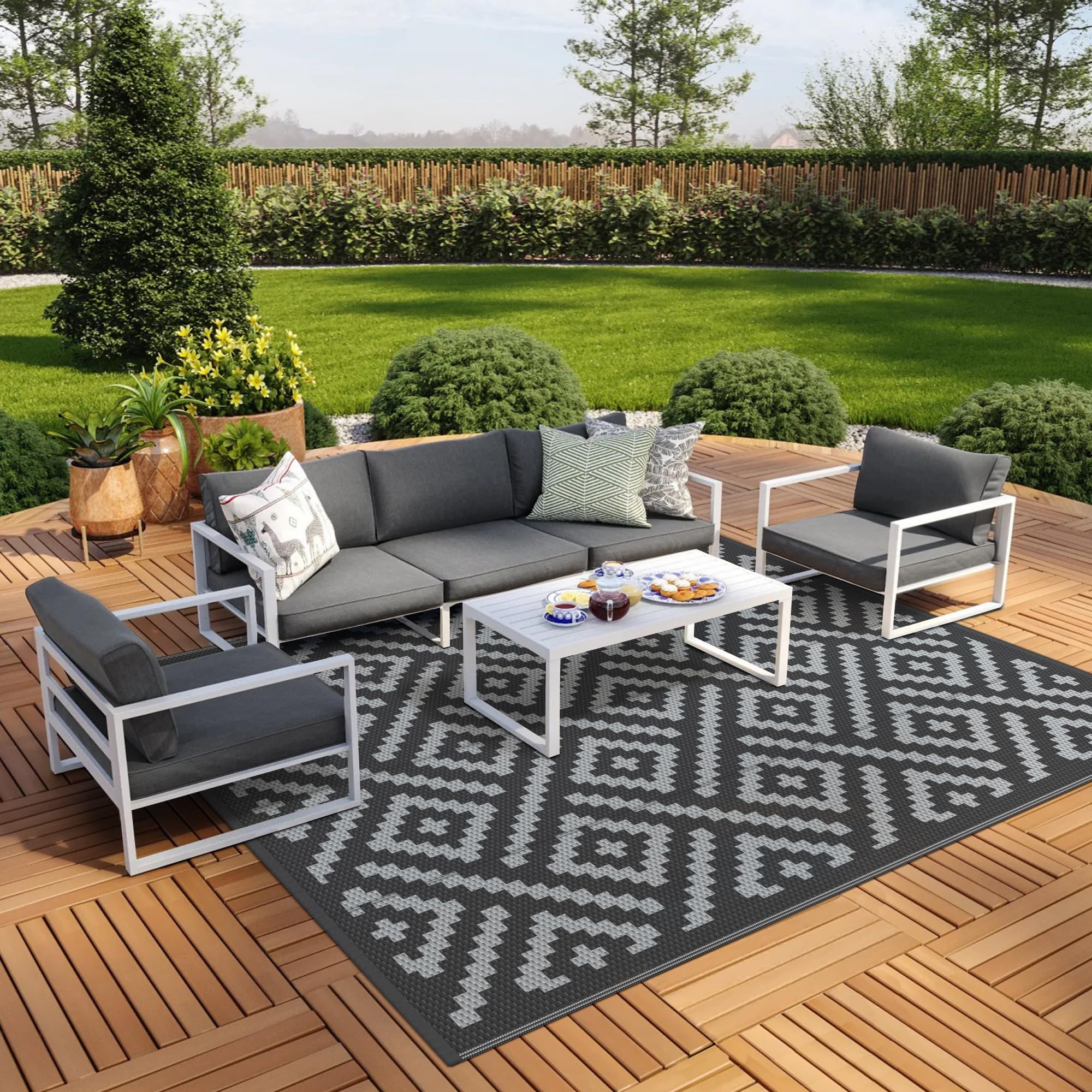GENIMO 5x8 Outdoor Rug Waterproof, Reversible Mats, Area Rug, Plastic Outside Carpet, Geometric Rv Mat for Patio Camping Rv Picnic Backyard Deck Balcony Porch Beach Trailer (Black & Beige)