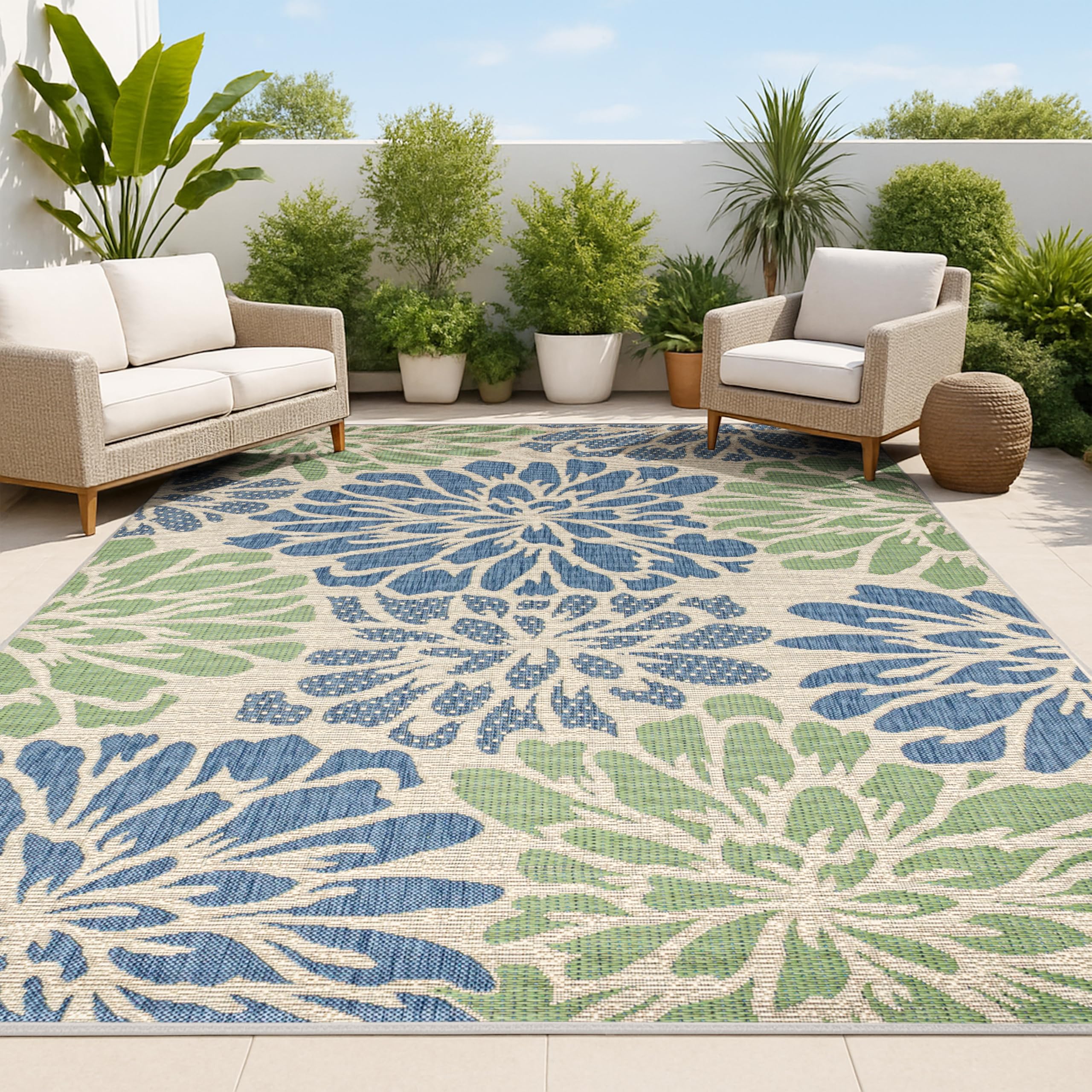 JONATHAN Y Floral Textured Weave Indoor Outdoor Area Rug 4X6 Navy/Aqua, Zinnia Modern for Backyard, Patio, Porch, Easy-Cleaning, High Traffic, Pet-Friendly, Non-Shedding (SMB110C-4)