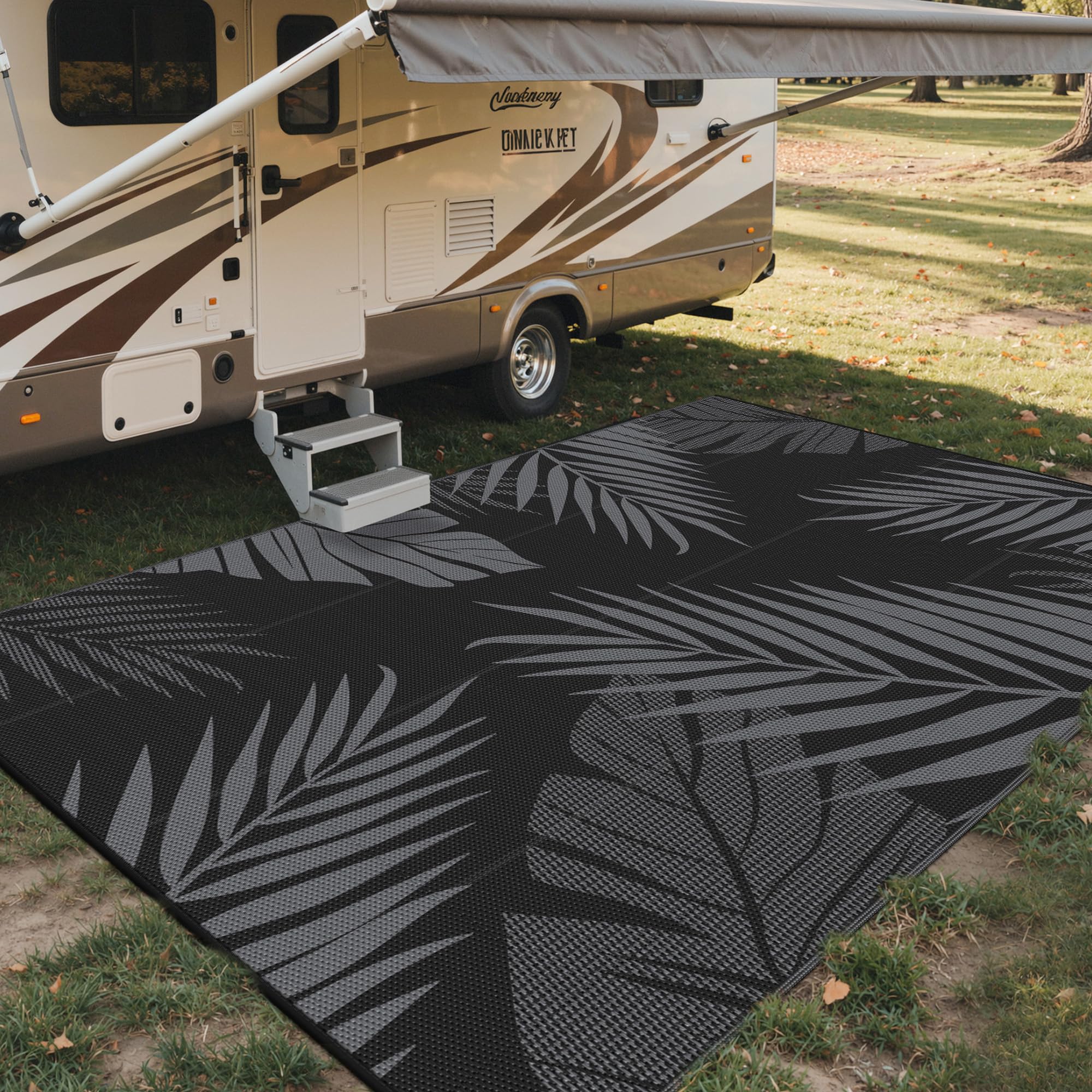 sarben Outdoor Rug 4’x6’ Waterproof for Patio Clearance, Reversible Indoor Outdoor Plastic Straw Camping Rug Carpet, RV Mat, Large Area Rug for Deck, Backyard, Balcony, Porch, Beach, Black & Brown