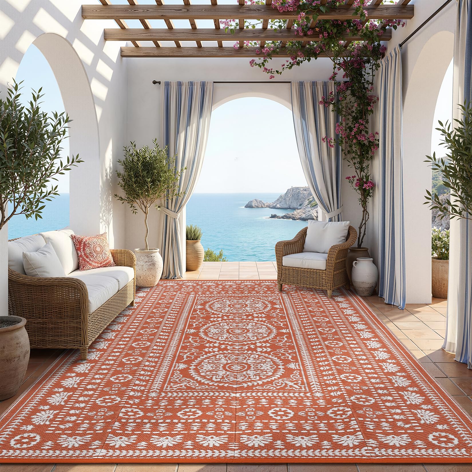 Garvee Reversible Outdoor Rug 8x10 for Patio, Waterproof Outdoor Area Rug, Modern Medallion Indoor Outdoor Rugs, Plastic Straw Rug for RV, Camping, Deck, Vintage Terracotta