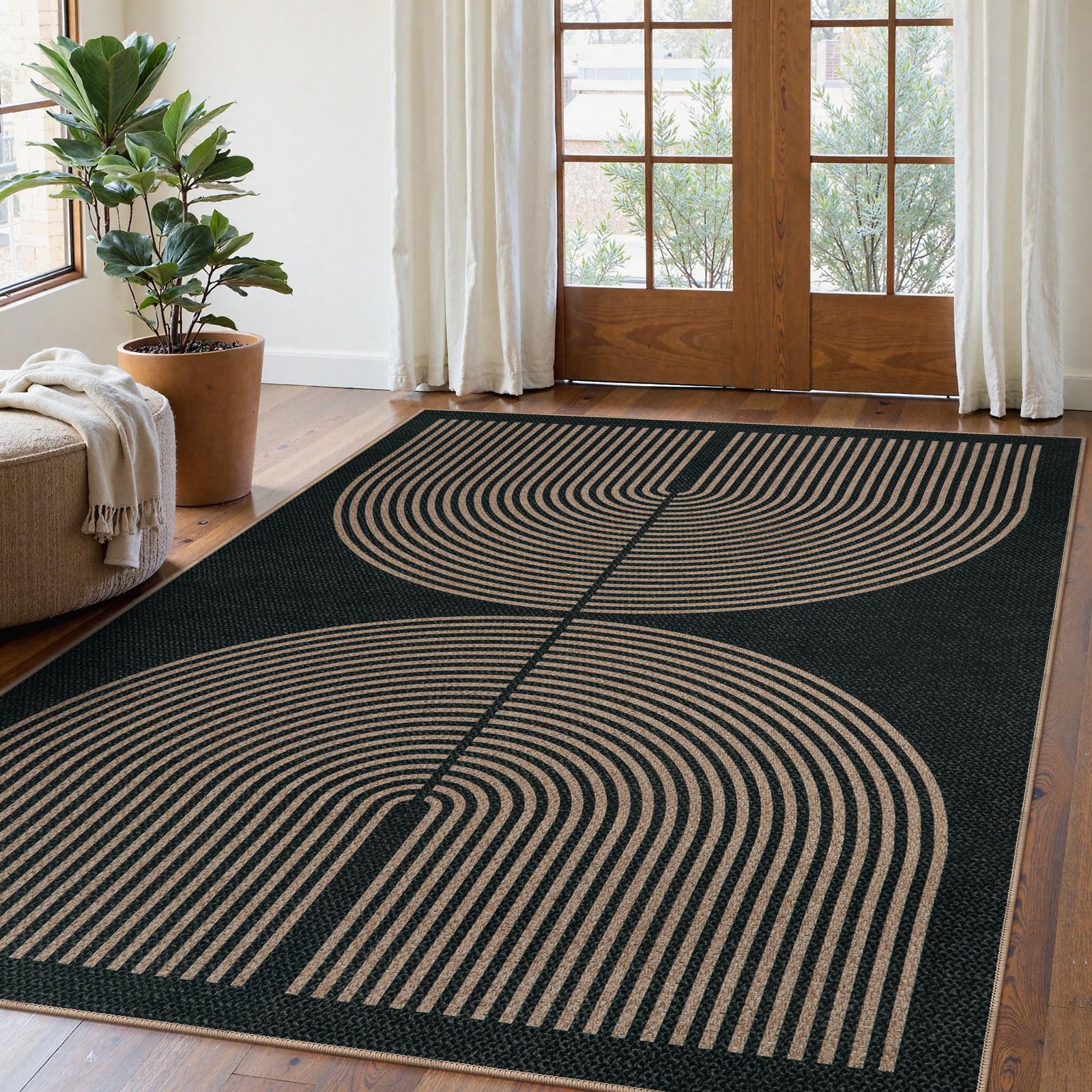 Lahome Enfys Modern Rainbow Easy Jute Outdoor Patio Rug, 3x5 Black Washable Rugs for Entryway Office Farmhouse Classroom Carpet, Contemporary Non Slip Front Door Mat for Porch Guestroom Room Decor