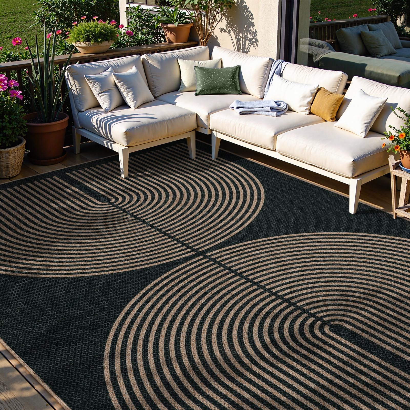 Lahome Enfys Modern Rainbow Easy Jute Outdoor Patio Rug, 3x5 Black Washable Rugs for Entryway Office Farmhouse Classroom Carpet, Contemporary Non Slip Front Door Mat for Porch Guestroom Room Decor