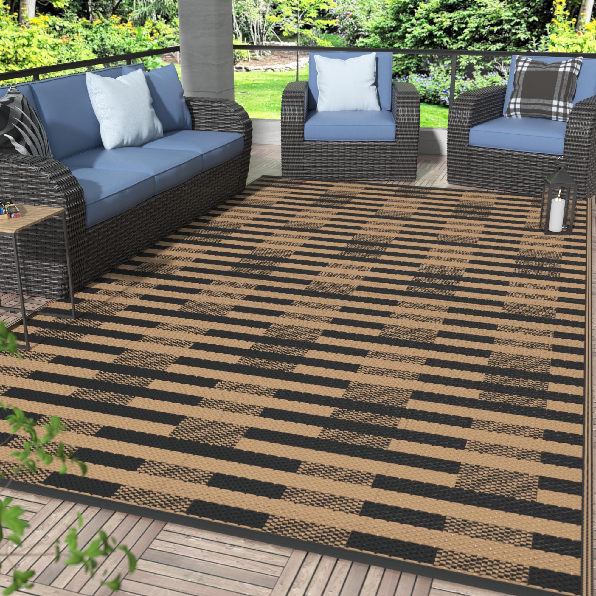 GENIMO 5x8 Outdoor Rug Waterproof, Reversible Mats, Area Rug, Plastic Outside Carpet, Geometric Rv Mat for Patio Camping Rv Picnic Backyard Deck Balcony Porch Beach Trailer (Black & Beige)