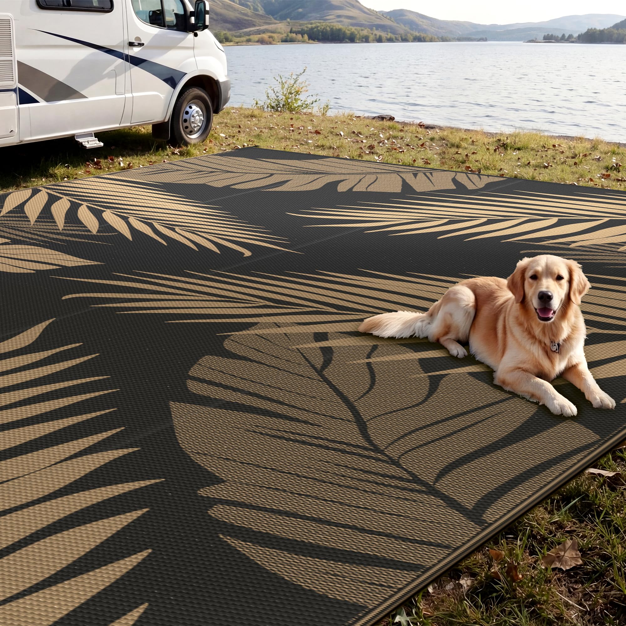 sarben Outdoor Rug 4’x6’ Waterproof for Patio Clearance, Reversible Indoor Outdoor Plastic Straw Camping Rug Carpet, RV Mat, Large Area Rug for Deck, Backyard, Balcony, Porch, Beach, Black & Brown