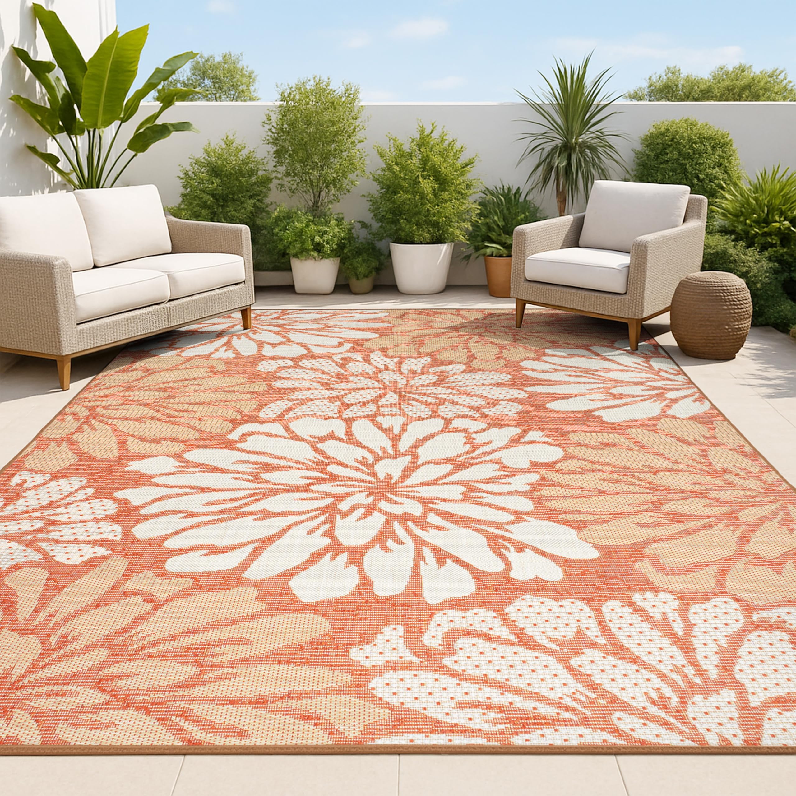 JONATHAN Y Floral Textured Weave Indoor Outdoor Area Rug 4X6 Navy/Aqua, Zinnia Modern for Backyard, Patio, Porch, Easy-Cleaning, High Traffic, Pet-Friendly, Non-Shedding (SMB110C-4)