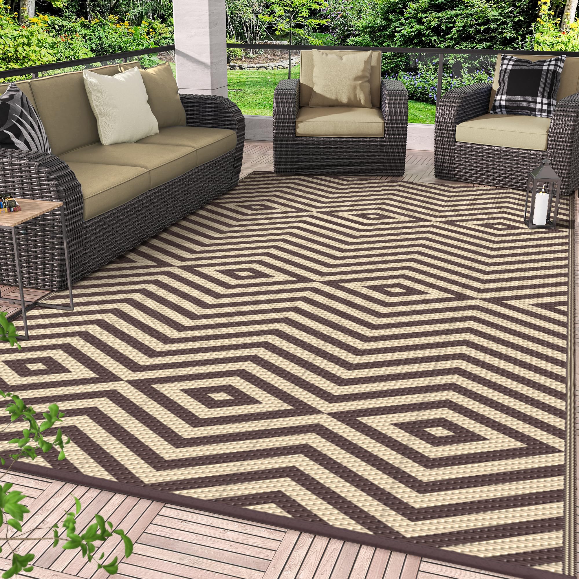 GENIMO 5x8 Outdoor Rug Waterproof, Reversible Mats, Area Rug, Plastic Outside Carpet, Geometric Rv Mat for Patio Camping Rv Picnic Backyard Deck Balcony Porch Beach Trailer (Black & Beige)
