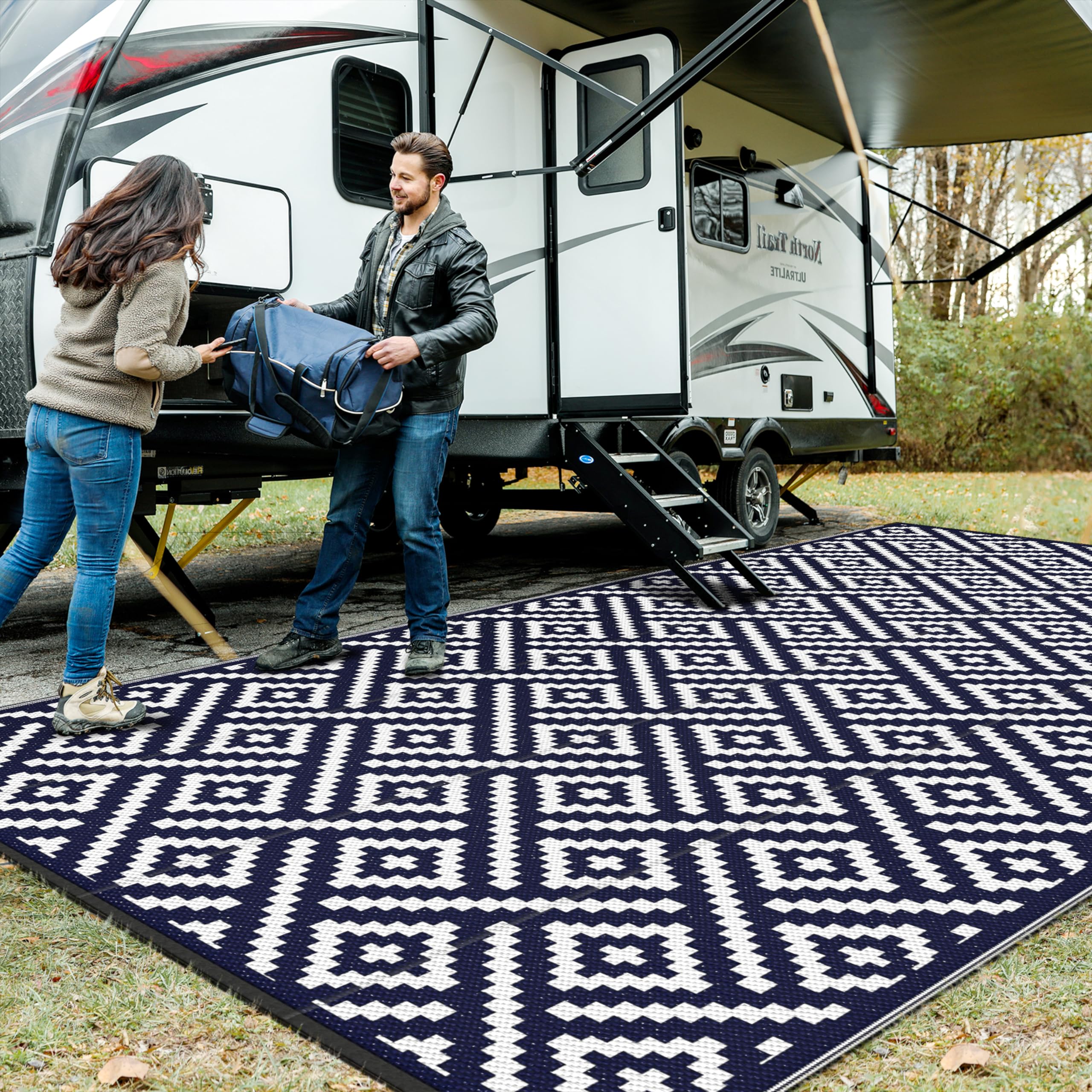 GENIMO 5x8 Outdoor Rug Waterproof, Reversible Mats, Area Rug, Plastic Outside Carpet, Geometric Rv Mat for Patio Camping Rv Picnic Backyard Deck Balcony Porch Beach Trailer (Black & Beige)