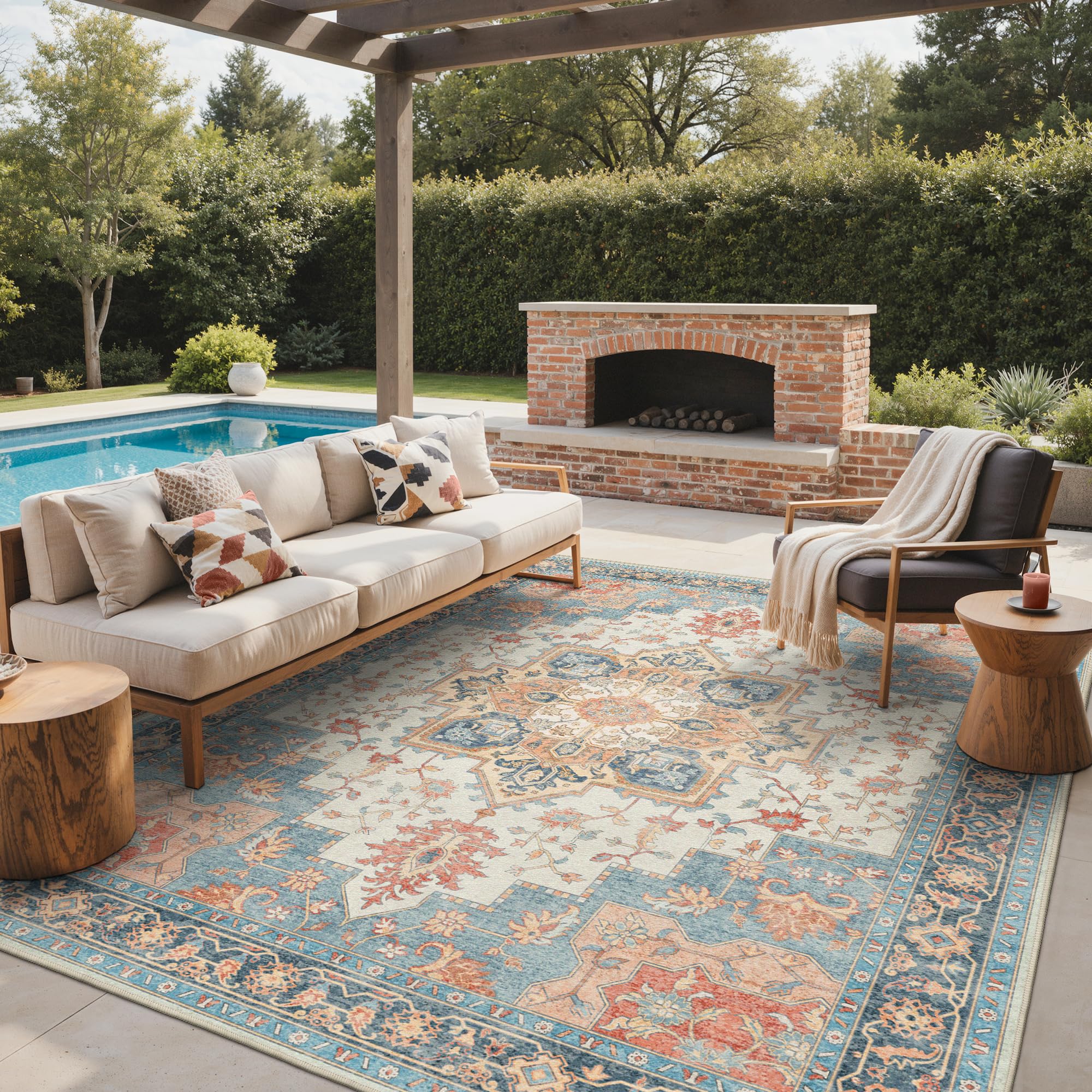 GENIMO Outdoor & Indoor Area Rug 5'x8', Waterproof, Non-Shedding, Easy Cleaning, Boho Mat for Patio, Living Room, Balcony, Dining Room, RV, Deck, Bedroom, Camping, Outside Carpet,Blue