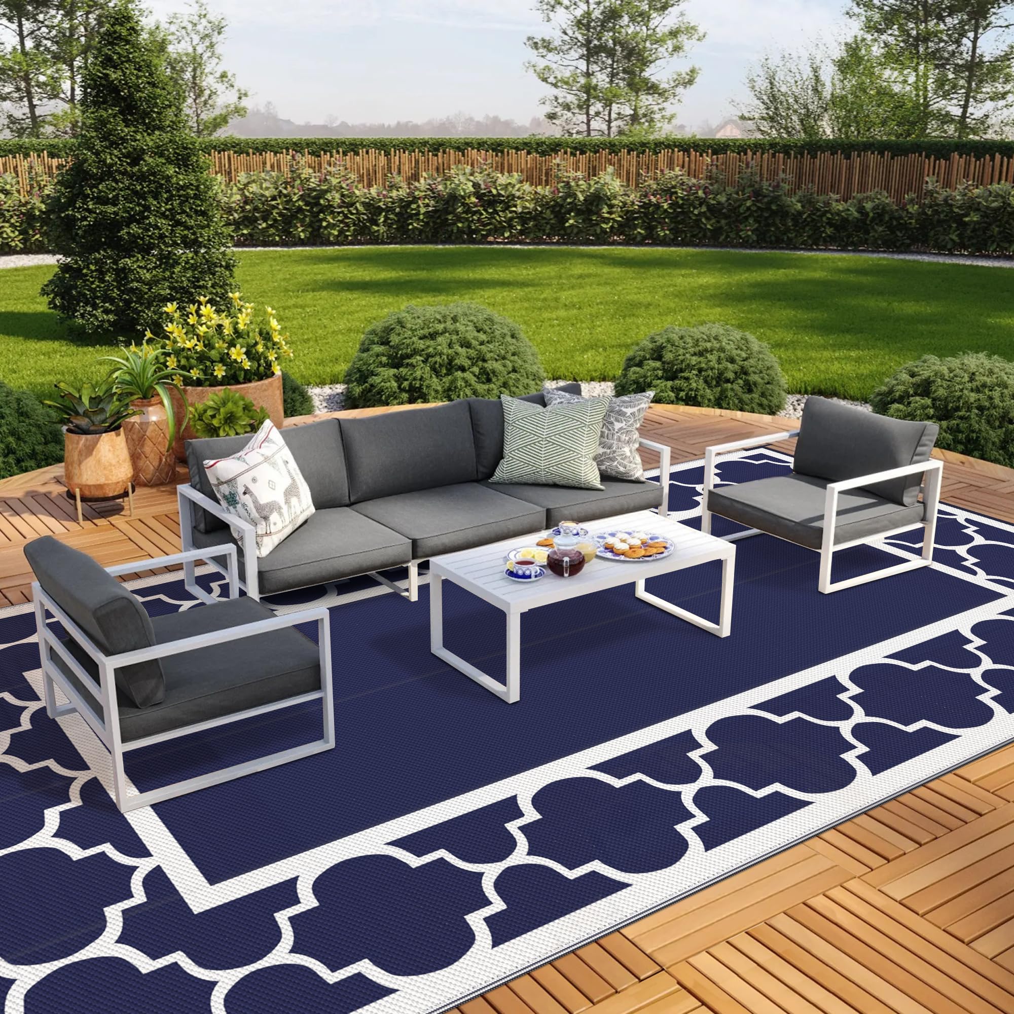 GENIMO 5' x 8' Outdoor Rug Waterproof for Patio Decor, Foldable Reversible Plastic Straw Area Rugs Mat for Camper, Outside Carpet for Rv, Deck, Porch, Picnic, Beach, Balcony, Blue & White