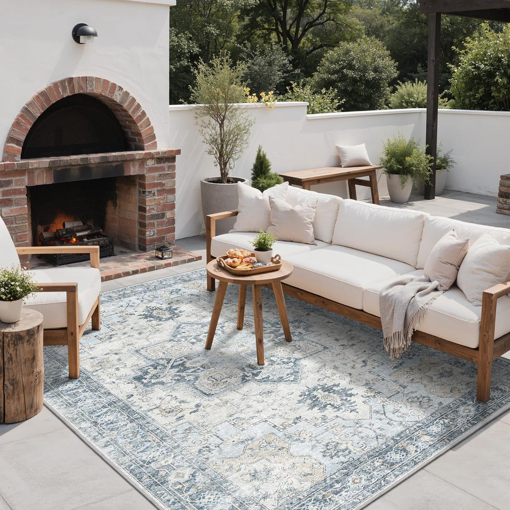 GENIMO Outdoor & Indoor Area Rug 5'x8', Waterproof, Non-Shedding, Easy Cleaning, Boho Mat for Patio, Living Room, Balcony, Dining Room, RV, Deck, Bedroom, Camping, Outside Carpet,Blue