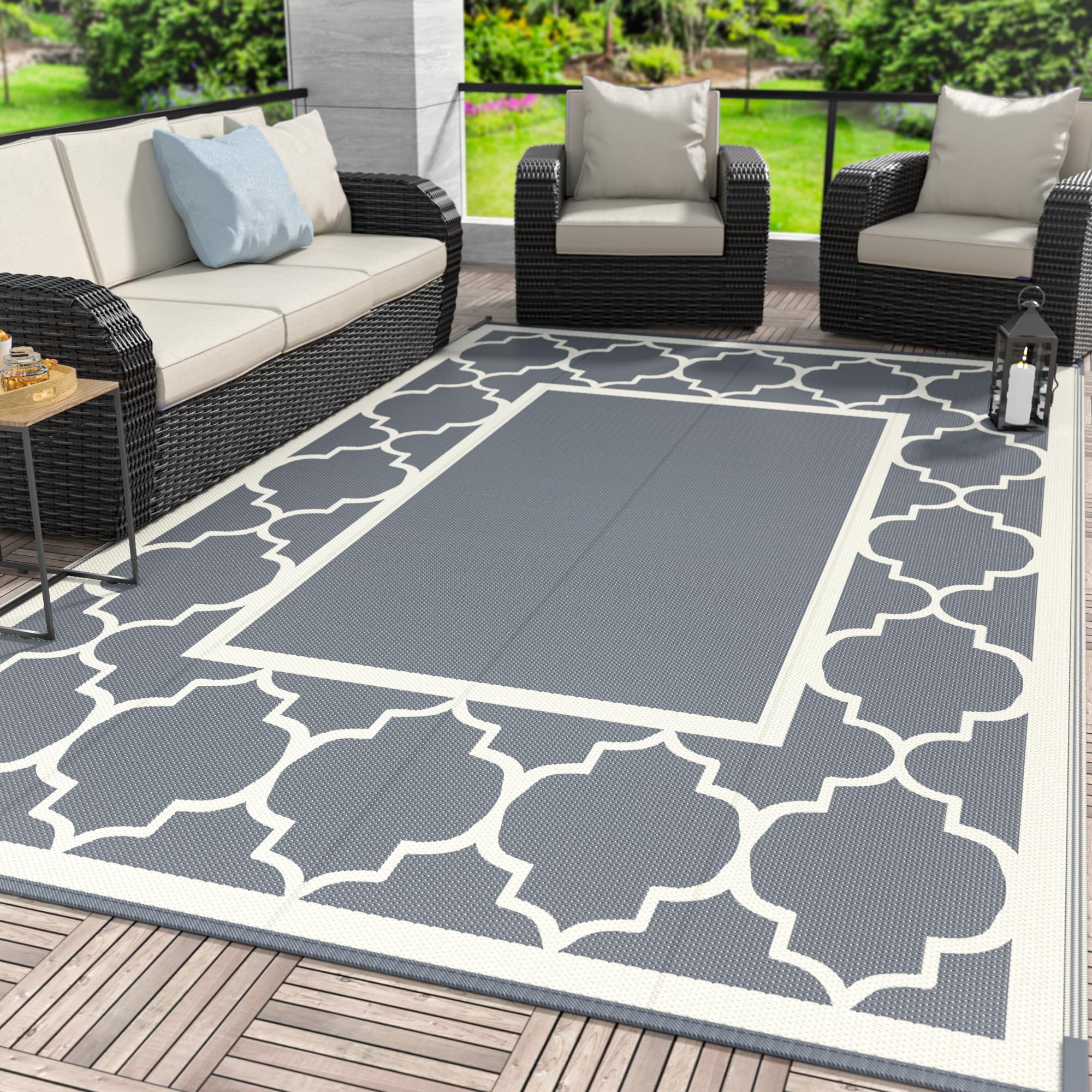 GENIMO 5' x 8' Outdoor Rug Waterproof for Patio Decor, Foldable Reversible Plastic Straw Area Rugs Mat for Camper, Outside Carpet for Rv, Deck, Porch, Picnic, Beach, Balcony, Blue & White