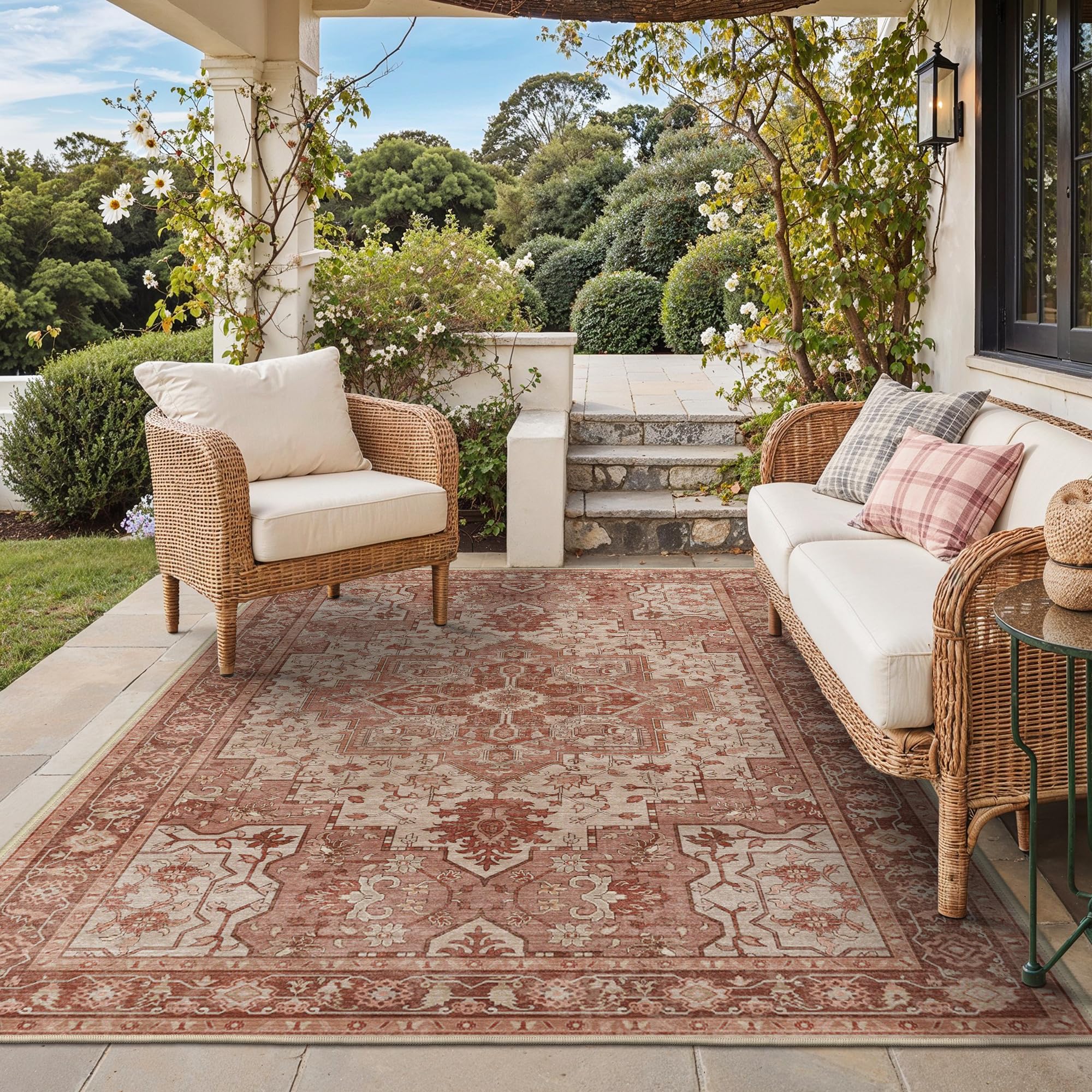 GENIMO Outdoor & Indoor Area Rug 5'x8', Waterproof, Non-Shedding, Easy Cleaning, Boho Mat for Patio, Living Room, Balcony, Dining Room, RV, Deck, Bedroom, Camping, Outside Carpet,Blue