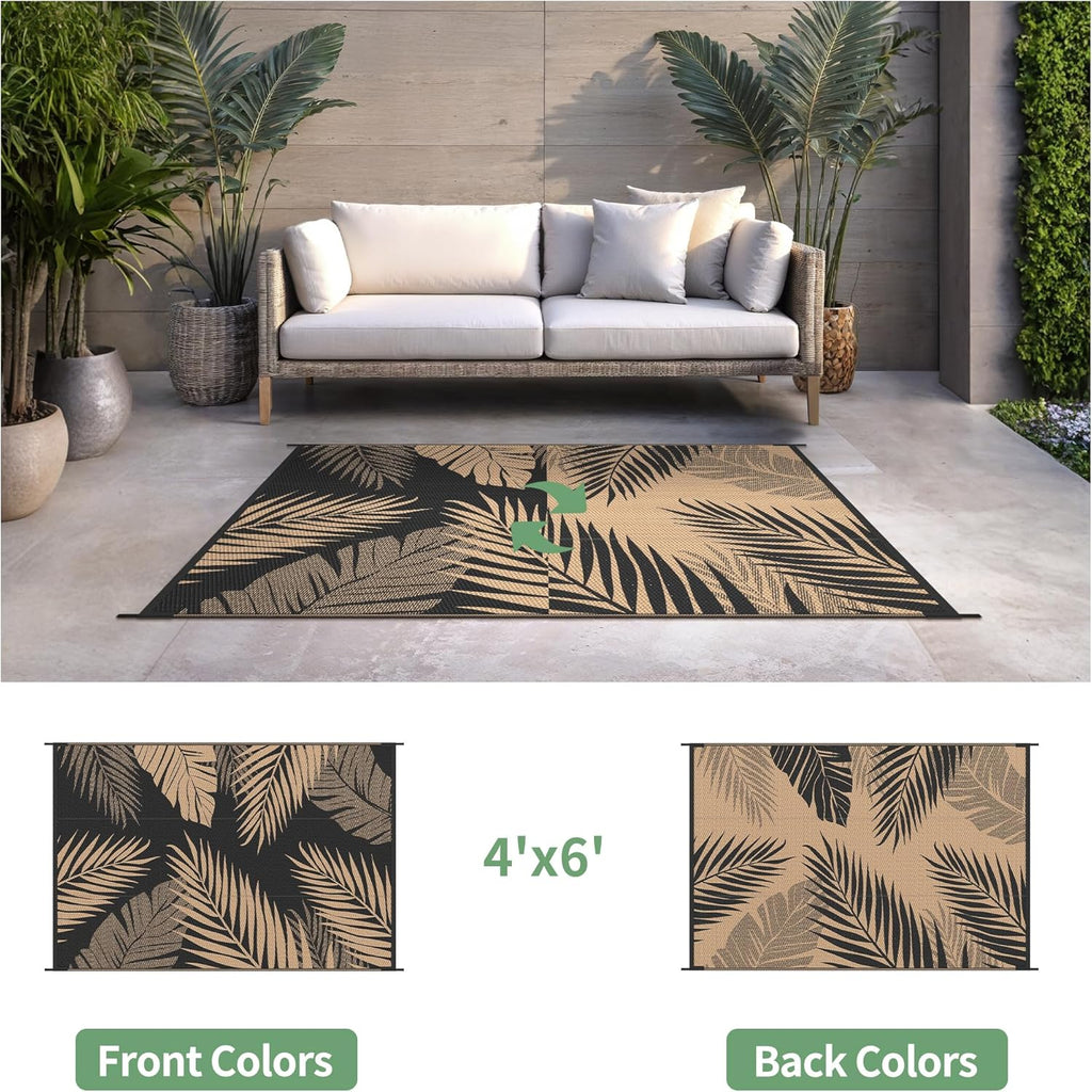 sarben Outdoor Rug 4’x6’ Waterproof for Patio Clearance, Reversible Indoor Outdoor Plastic Straw Camping Rug Carpet, RV Mat, Large Area Rug for Deck, Backyard, Balcony, Porch, Beach, Black & Brown