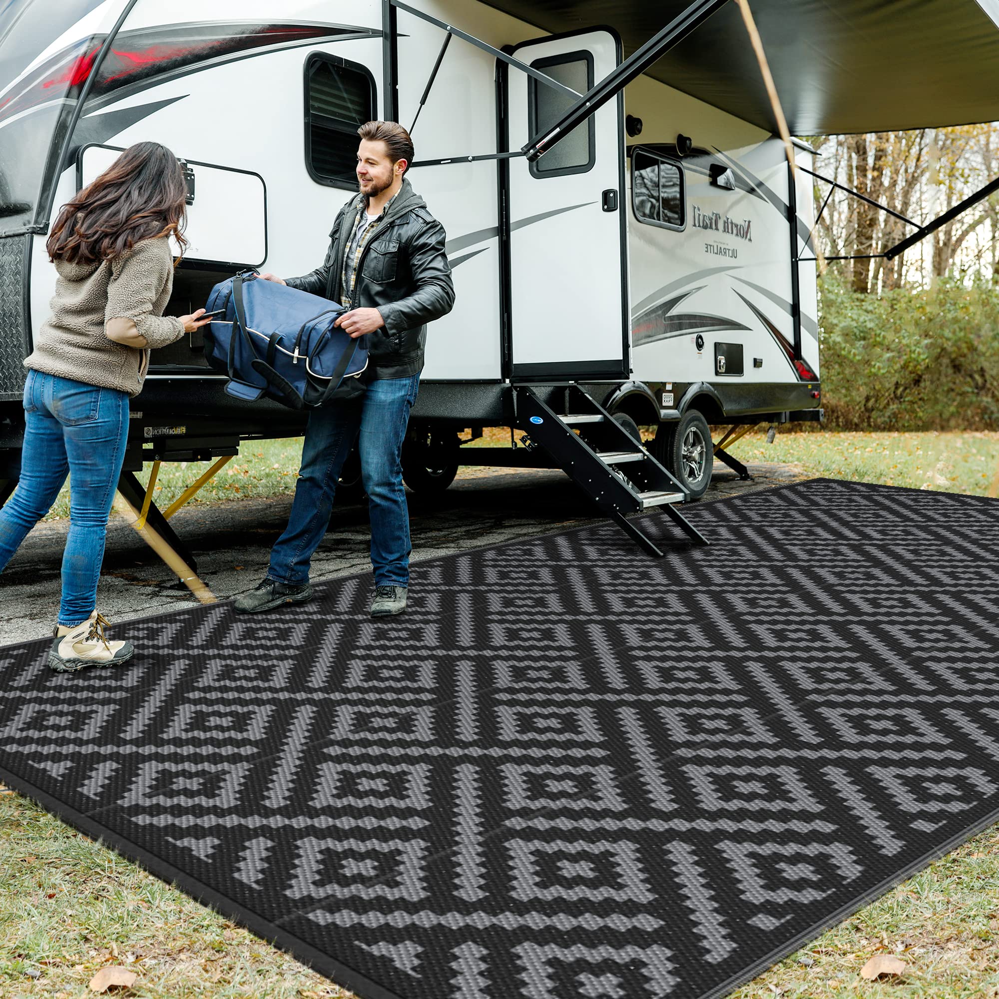 GENIMO 5x8 Outdoor Rug Waterproof, Reversible Mats, Area Rug, Plastic Outside Carpet, Geometric Rv Mat for Patio Camping Rv Picnic Backyard Deck Balcony Porch Beach Trailer (Black & Beige)