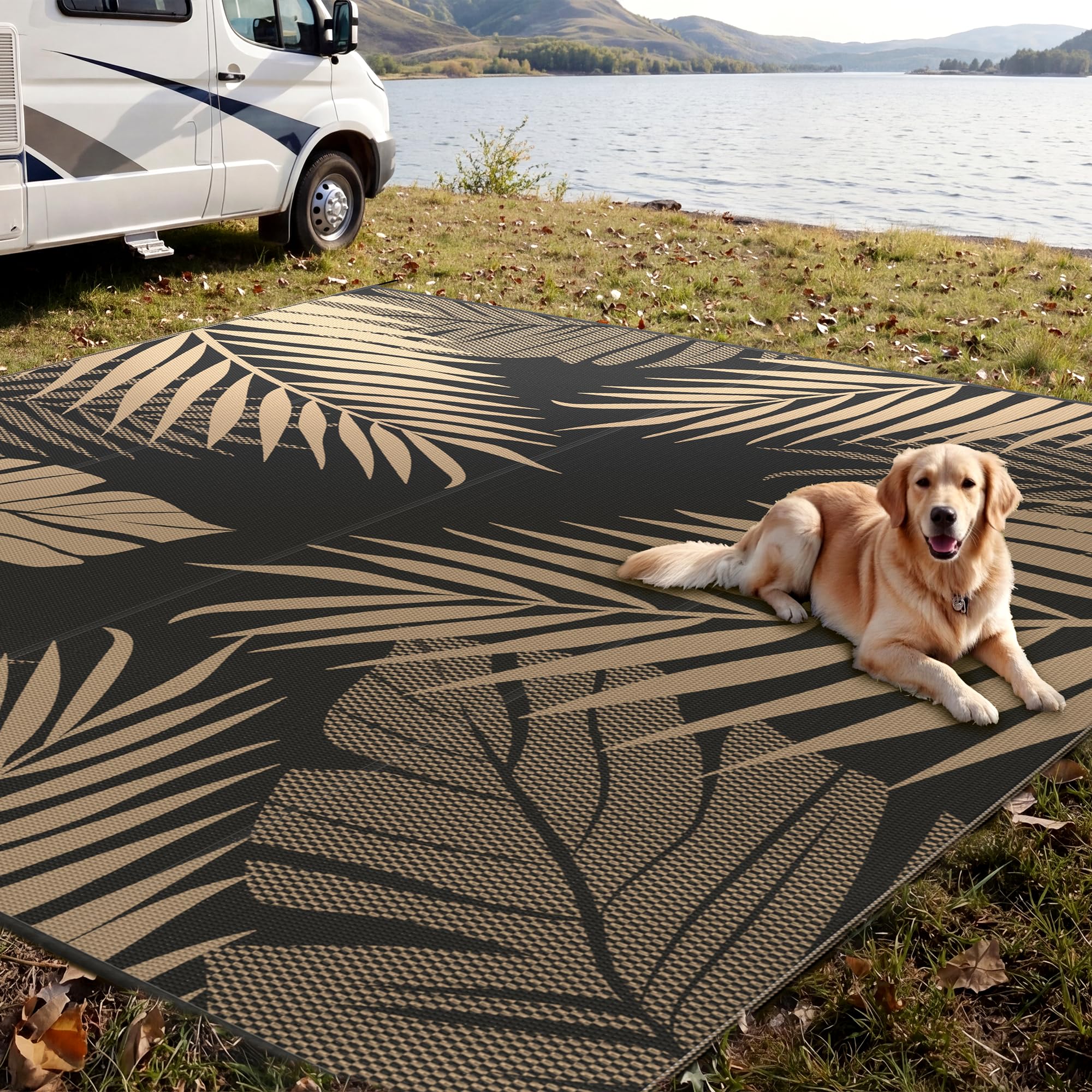 sarben Outdoor Rug 4’x6’ Waterproof for Patio Clearance, Reversible Indoor Outdoor Plastic Straw Camping Rug Carpet, RV Mat, Large Area Rug for Deck, Backyard, Balcony, Porch, Beach, Black & Brown