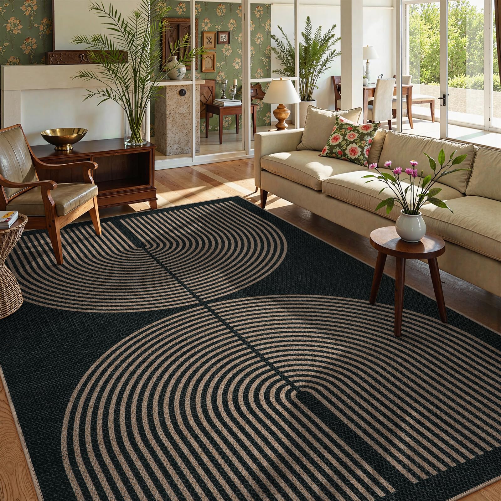 Lahome Enfys Modern Rainbow Easy Jute Outdoor Patio Rug, 3x5 Black Washable Rugs for Entryway Office Farmhouse Classroom Carpet, Contemporary Non Slip Front Door Mat for Porch Guestroom Room Decor