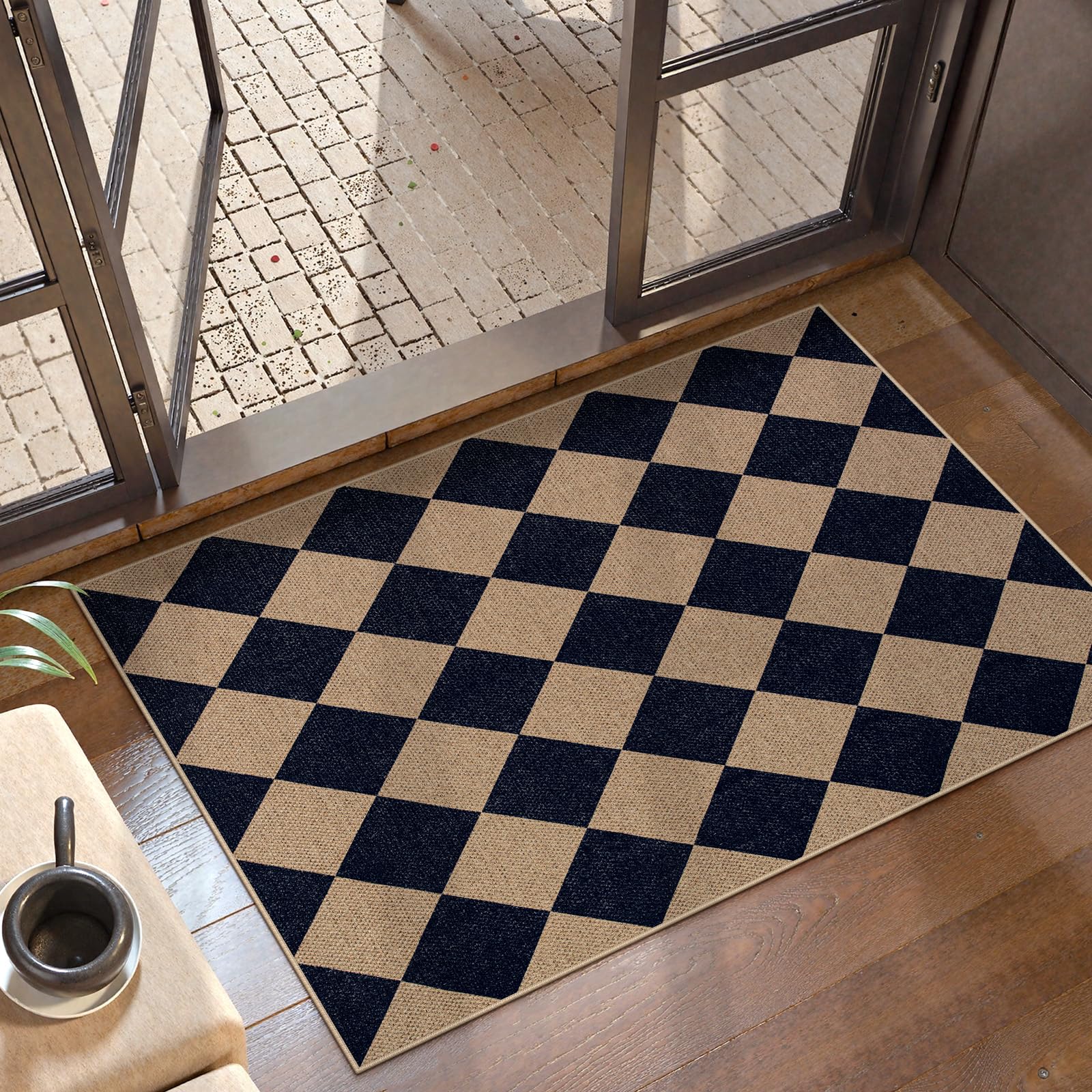 Lahome Colette Checkered Easy Jute 3x5 Outdoor Patio Rug, Washable Rugs for Entryway Diamond Indoor Outdoor Living Room Carpet, Farmhouse Neutral Non Slip Black Door Carpet for Backyard Bedroom