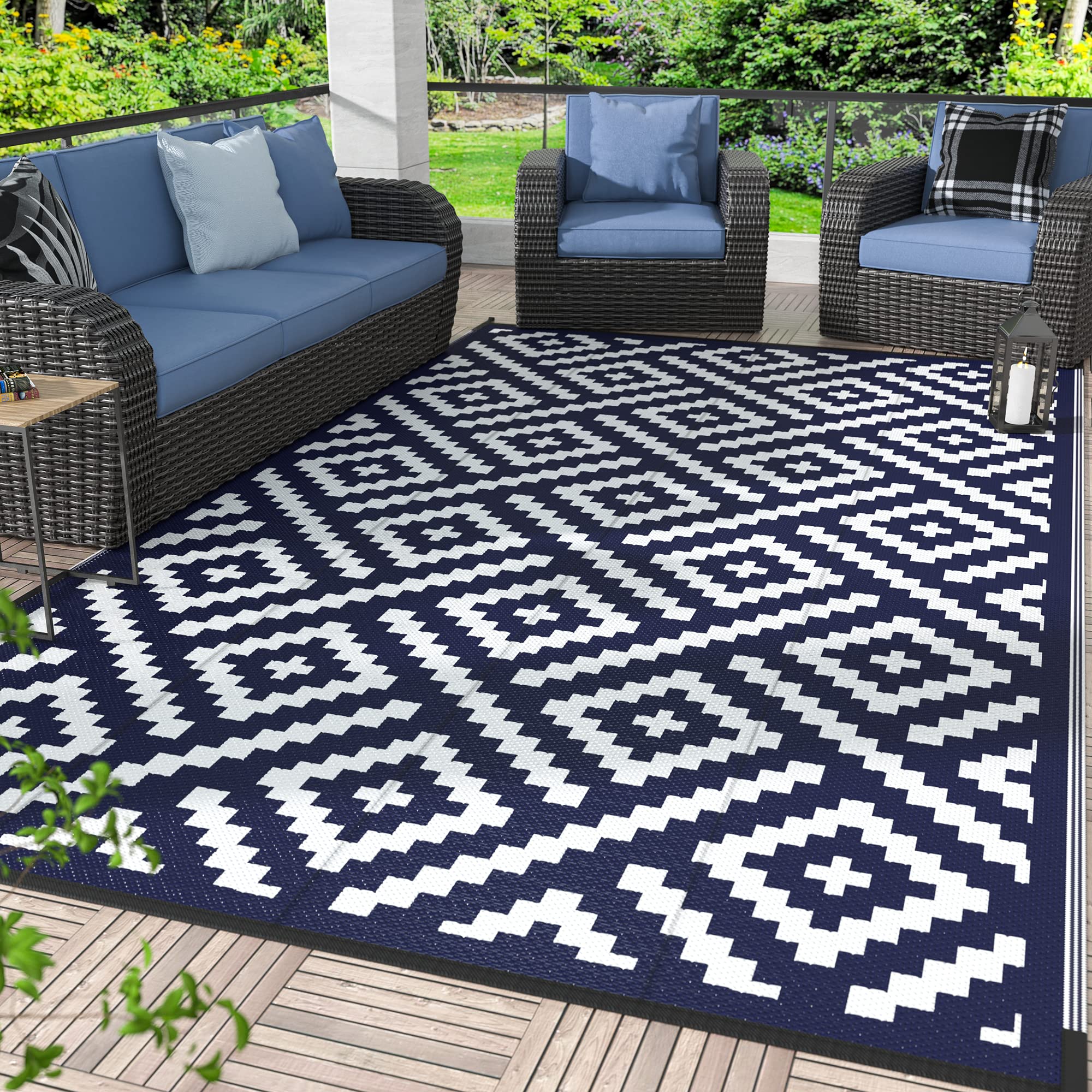 GENIMO 5x8 Outdoor Rug Waterproof, Reversible Mats, Area Rug, Plastic Outside Carpet, Geometric Rv Mat for Patio Camping Rv Picnic Backyard Deck Balcony Porch Beach Trailer (Black & Beige)