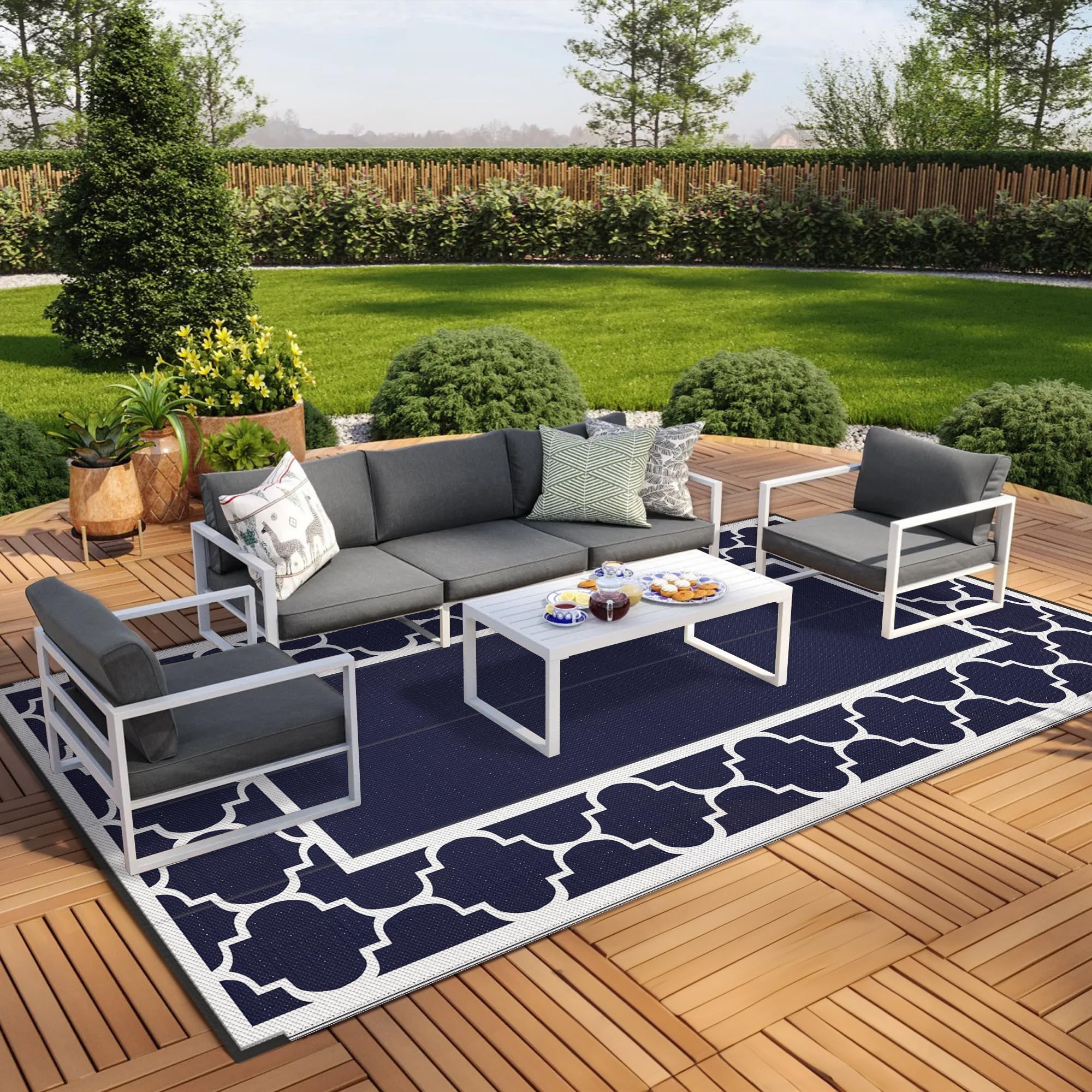 GENIMO 5' x 8' Outdoor Rug Waterproof for Patio Decor, Foldable Reversible Plastic Straw Area Rugs Mat for Camper, Outside Carpet for Rv, Deck, Porch, Picnic, Beach, Balcony, Blue & White