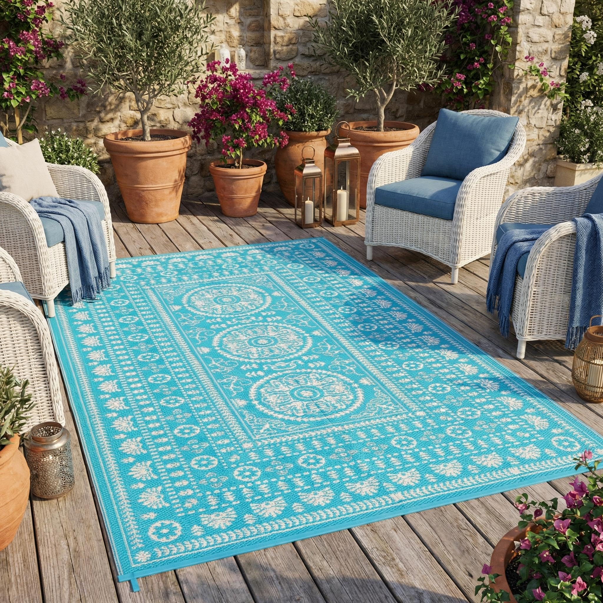 Garvee Reversible Outdoor Rug 8x10 for Patio, Waterproof Outdoor Area Rug, Modern Medallion Indoor Outdoor Rugs, Plastic Straw Rug for RV, Camping, Deck, Vintage Terracotta
