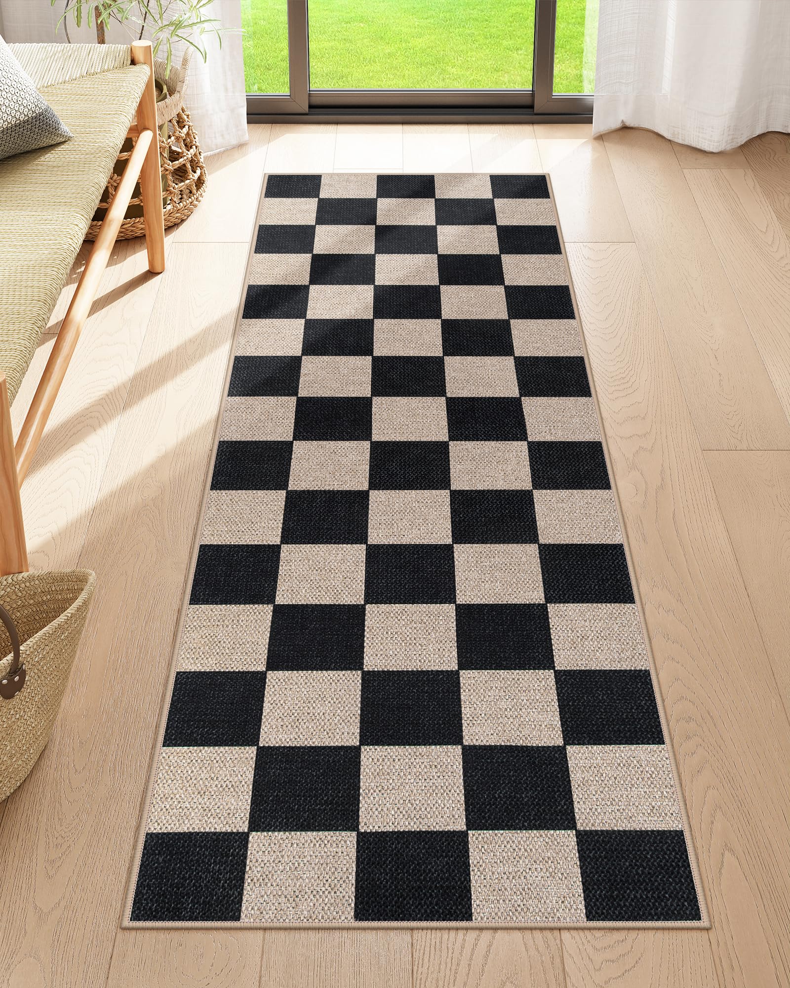 Lahome Colette Checkered Easy Jute 3x5 Outdoor Patio Rug, Washable Rugs for Entryway Diamond Indoor Outdoor Living Room Carpet, Farmhouse Neutral Non Slip Black Door Carpet for Backyard Bedroom