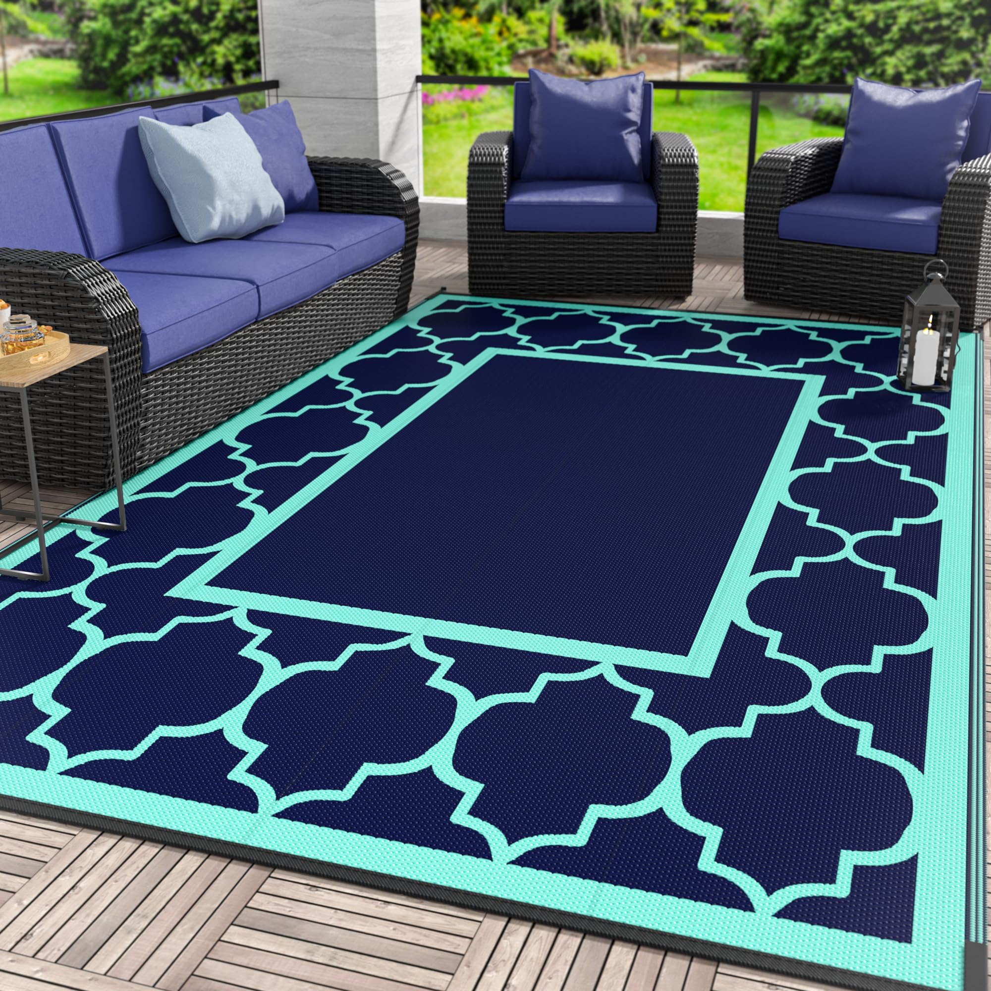GENIMO 5' x 8' Outdoor Rug Waterproof for Patio Decor, Foldable Reversible Plastic Straw Area Rugs Mat for Camper, Outside Carpet for Rv, Deck, Porch, Picnic, Beach, Balcony, Blue & White