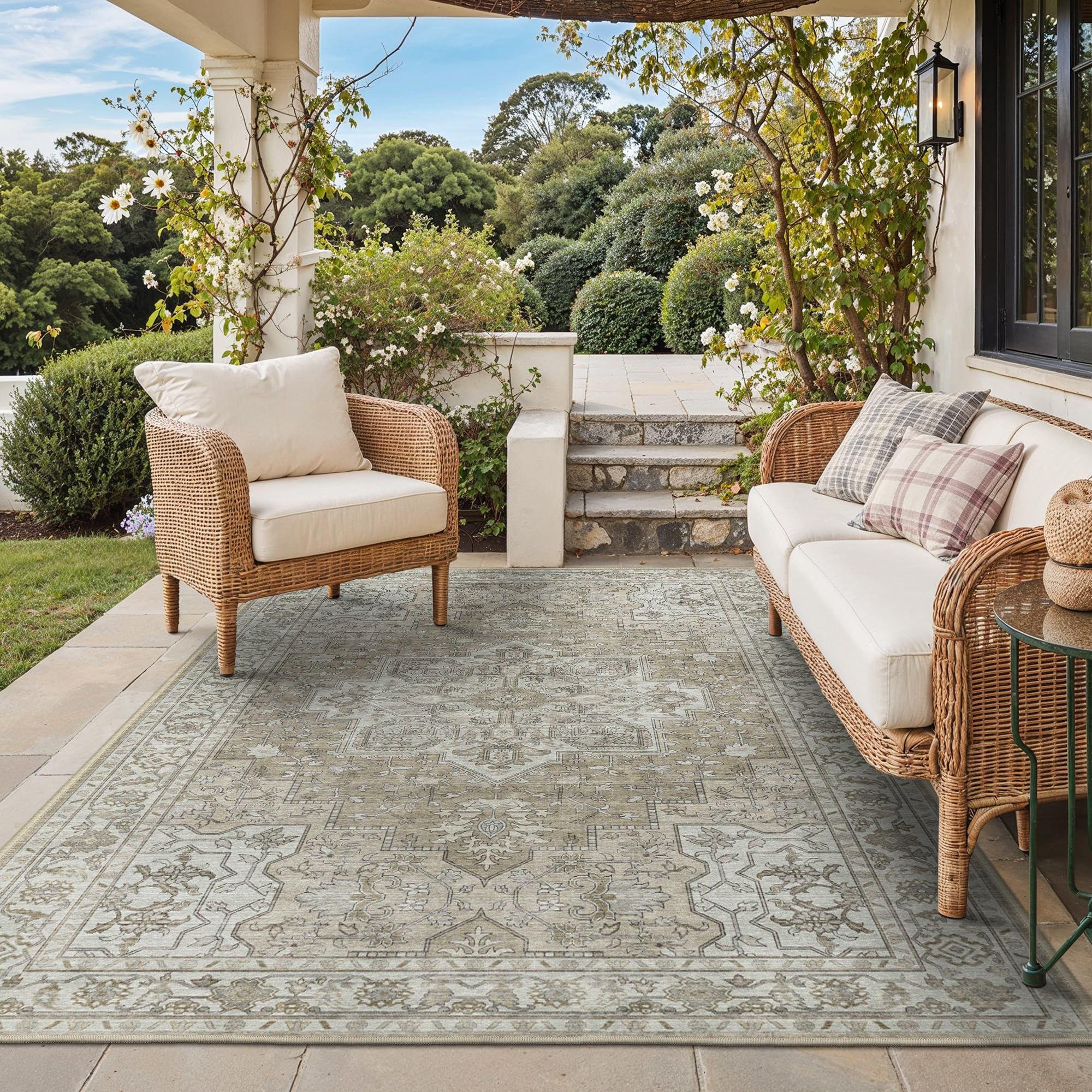 GENIMO Outdoor & Indoor Area Rug 5'x8', Waterproof, Non-Shedding, Easy Cleaning, Boho Mat for Patio, Living Room, Balcony, Dining Room, RV, Deck, Bedroom, Camping, Outside Carpet,Blue