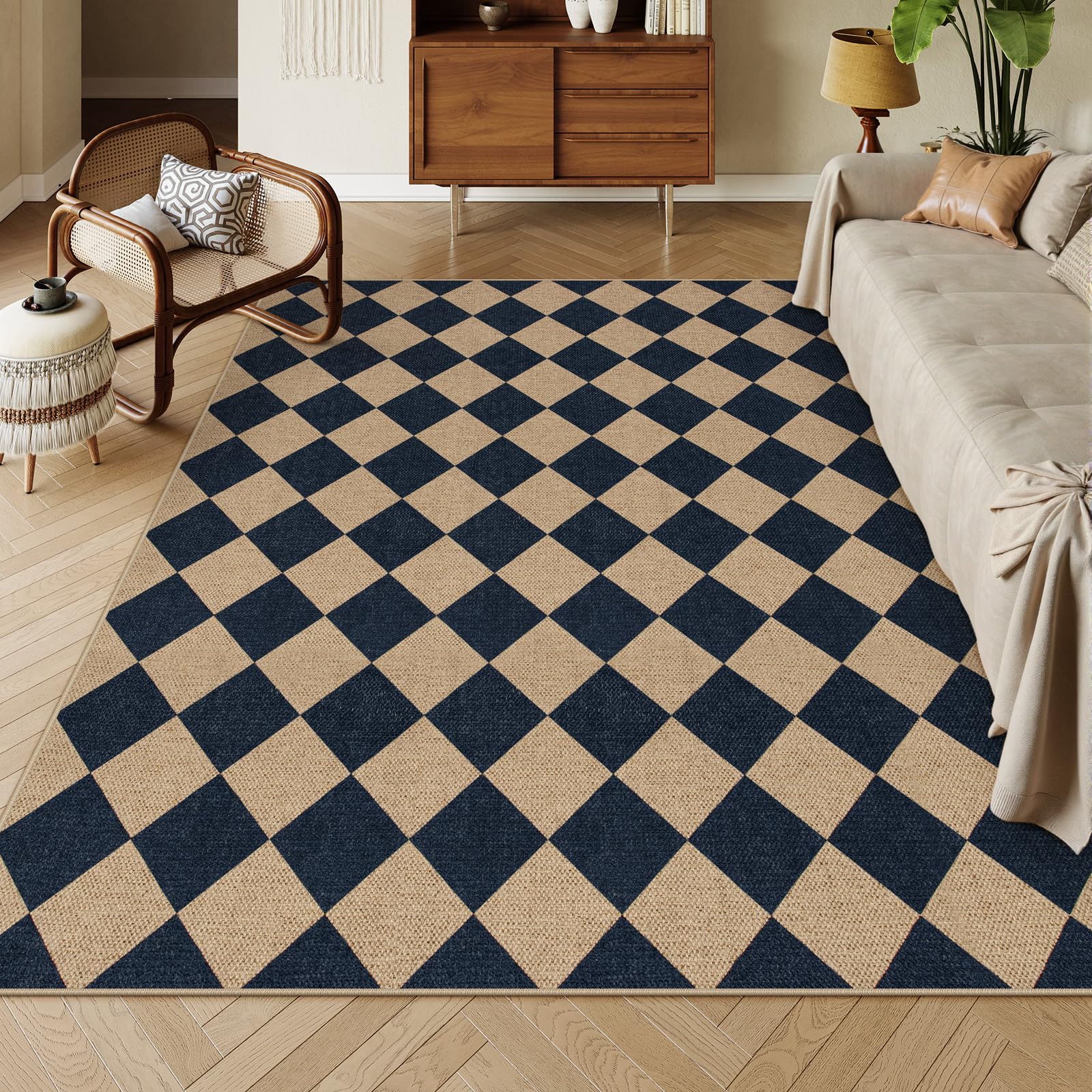 Lahome Colette Checkered Easy Jute 3x5 Outdoor Patio Rug, Washable Rugs for Entryway Diamond Indoor Outdoor Living Room Carpet, Farmhouse Neutral Non Slip Black Door Carpet for Backyard Bedroom